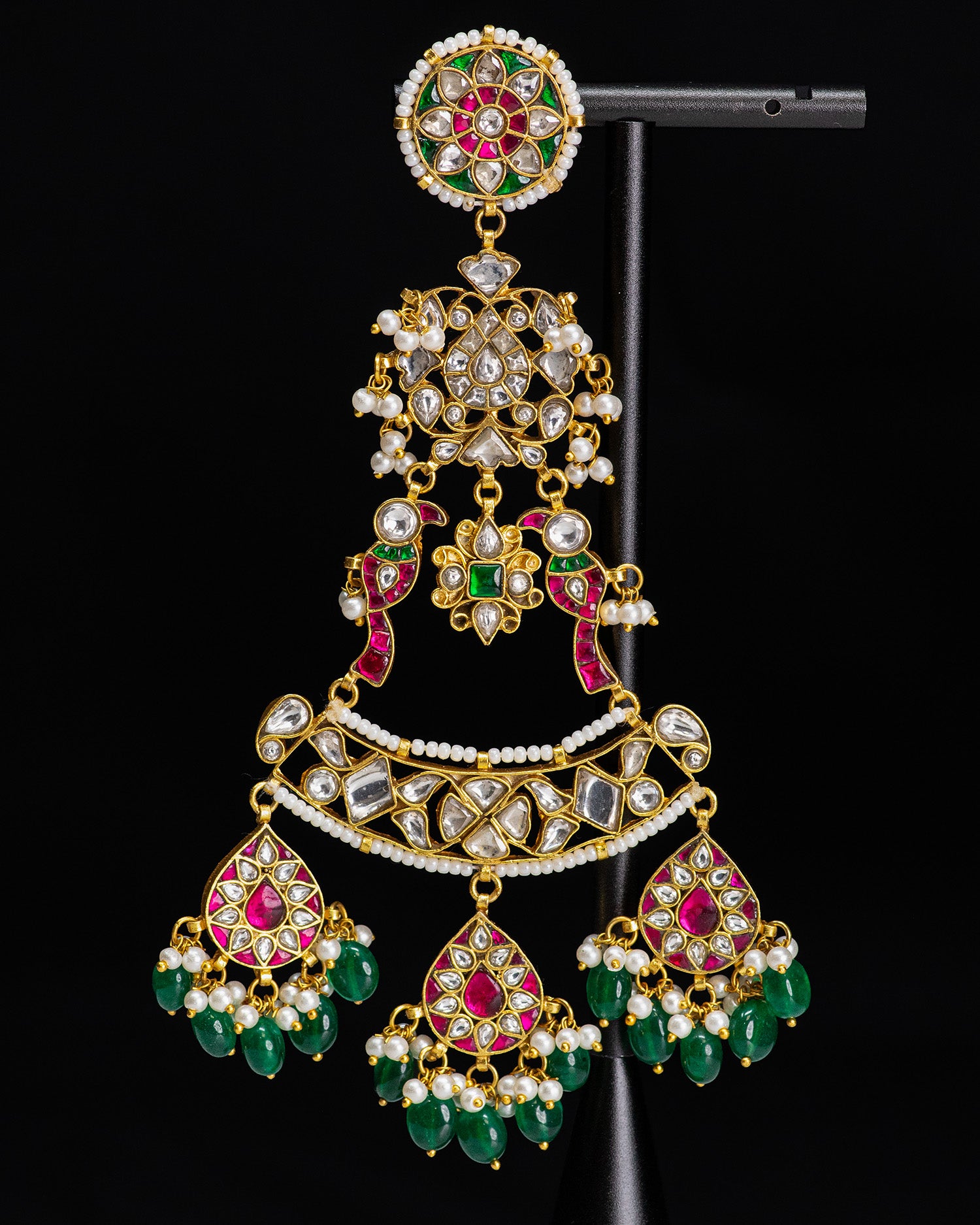 Long Dark Green Beads Kundan Jadau Earrings