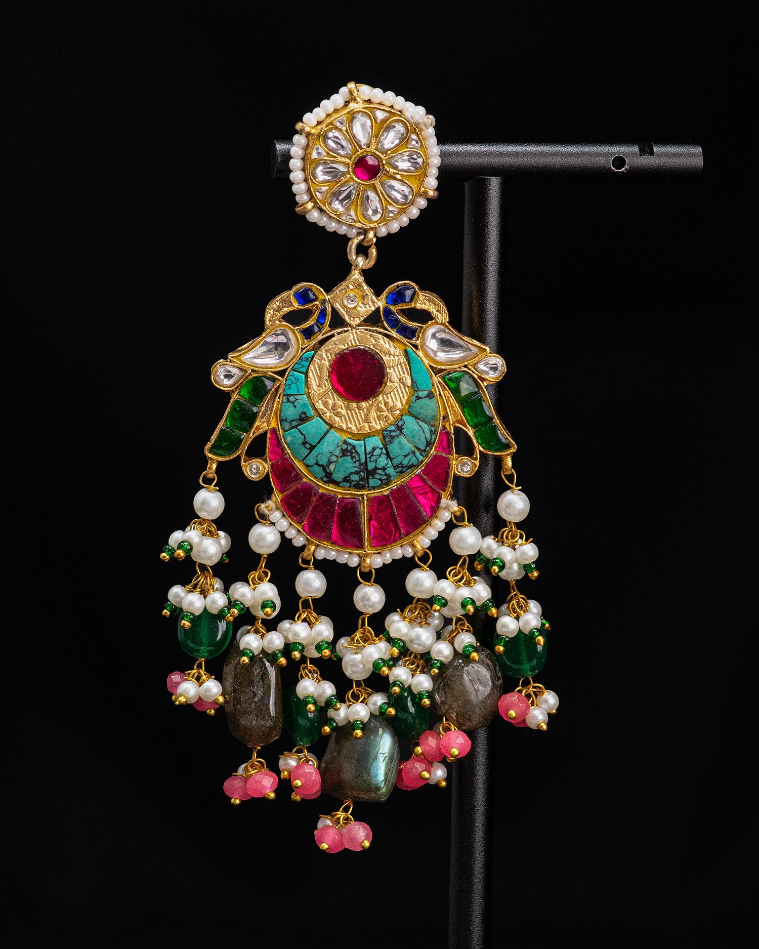 Multicolor Bird Emerald Pearls Kundan Dangle Earrings