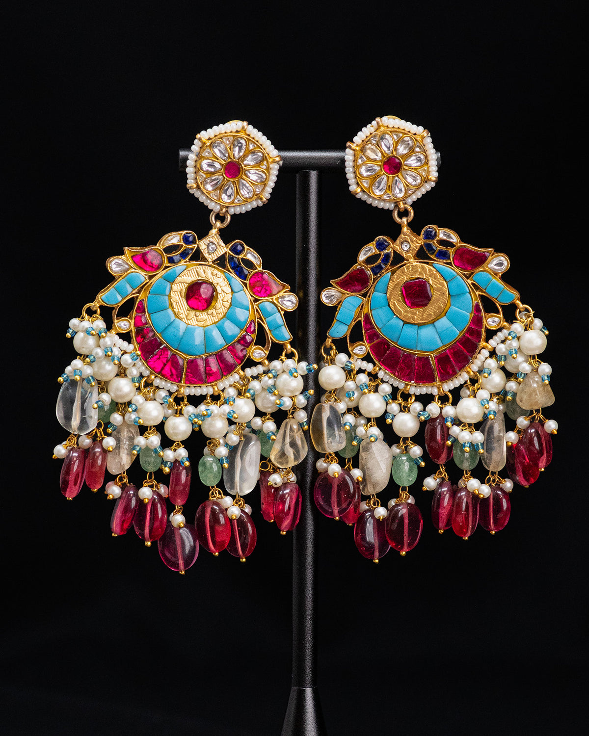 Multicolor Bird Pink Pearls Kundan Dangle Earrings