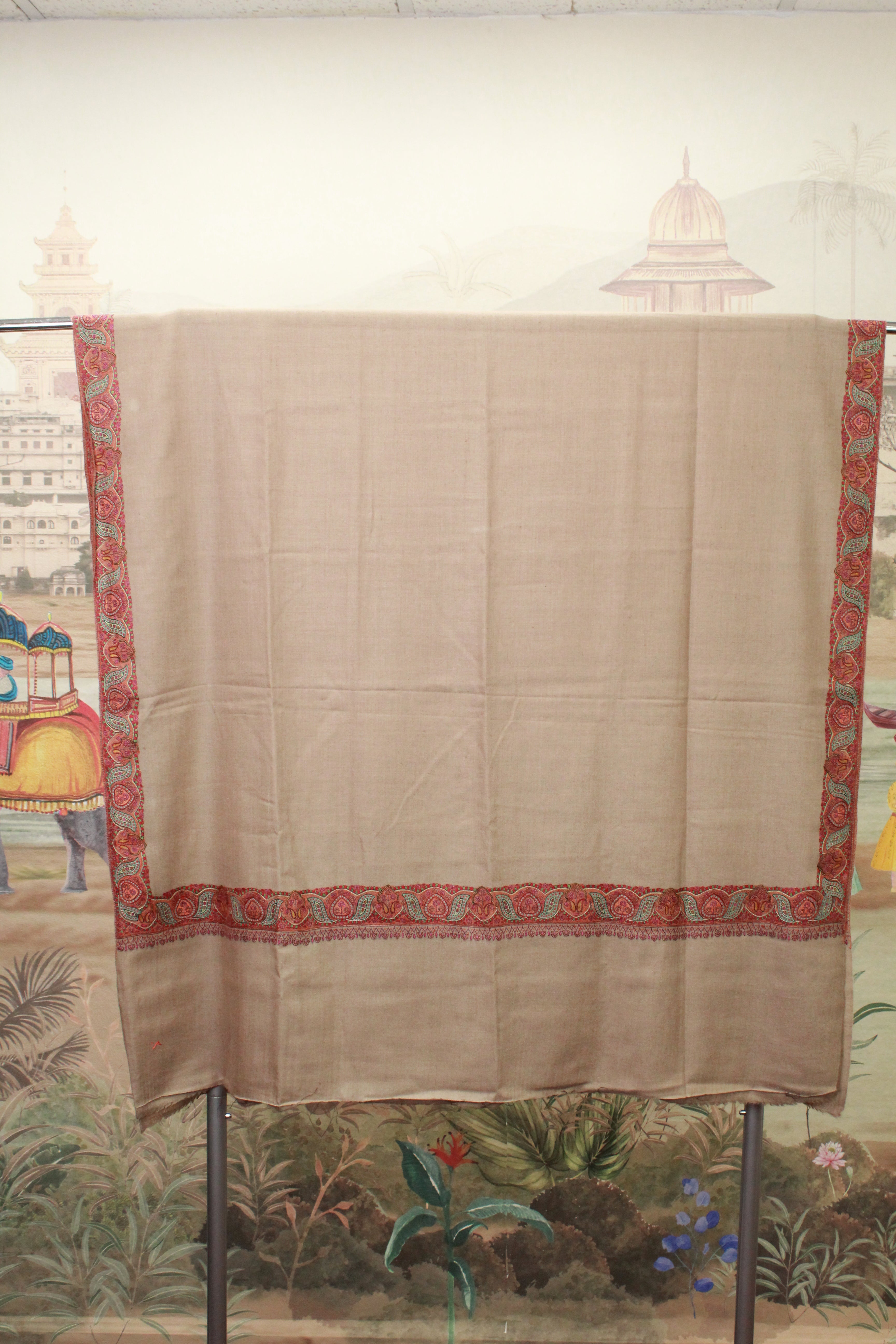 Beige Paisley Border Embroidered Shawl