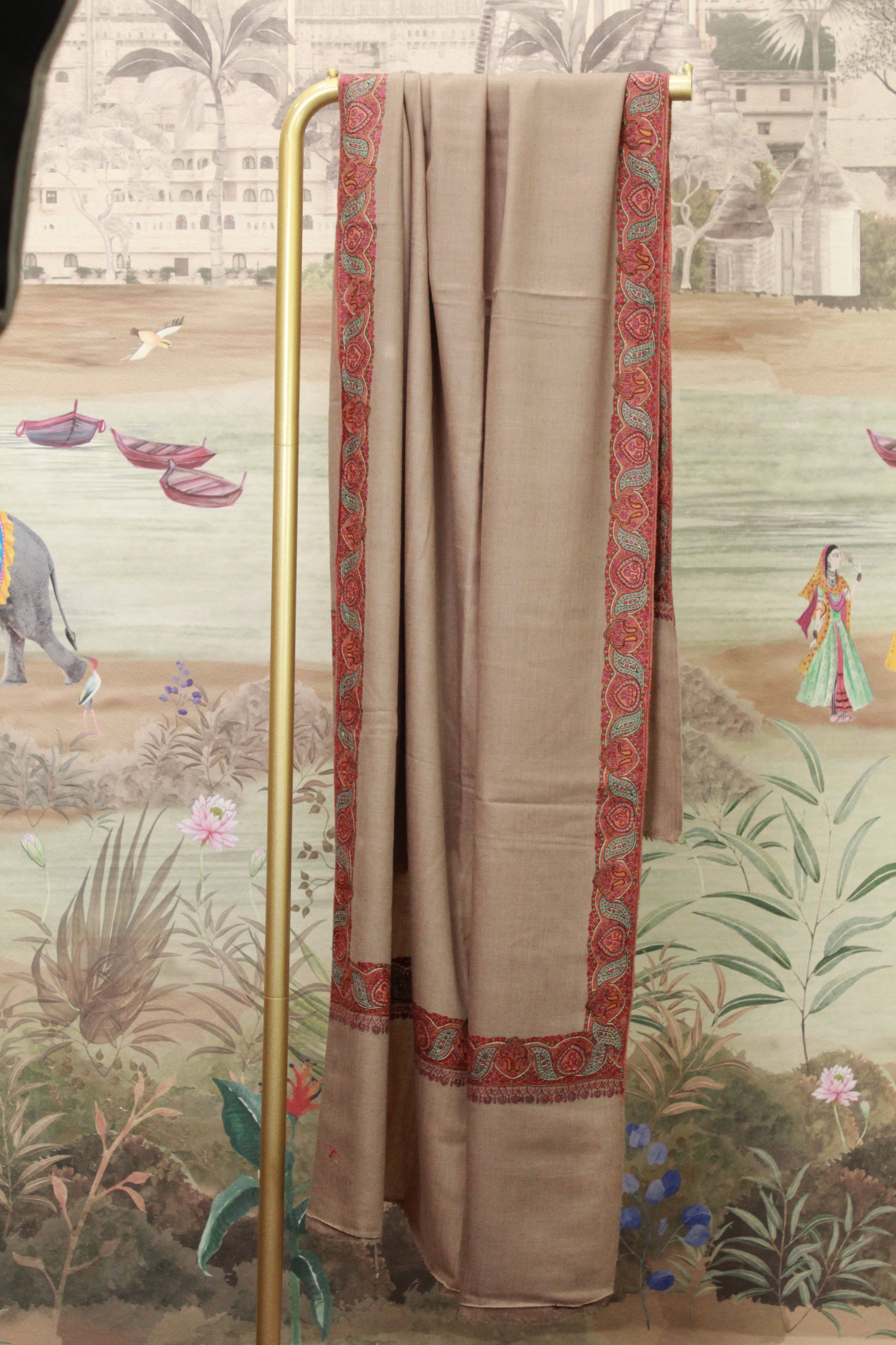 Beige Paisley Border Embroidered Shawl