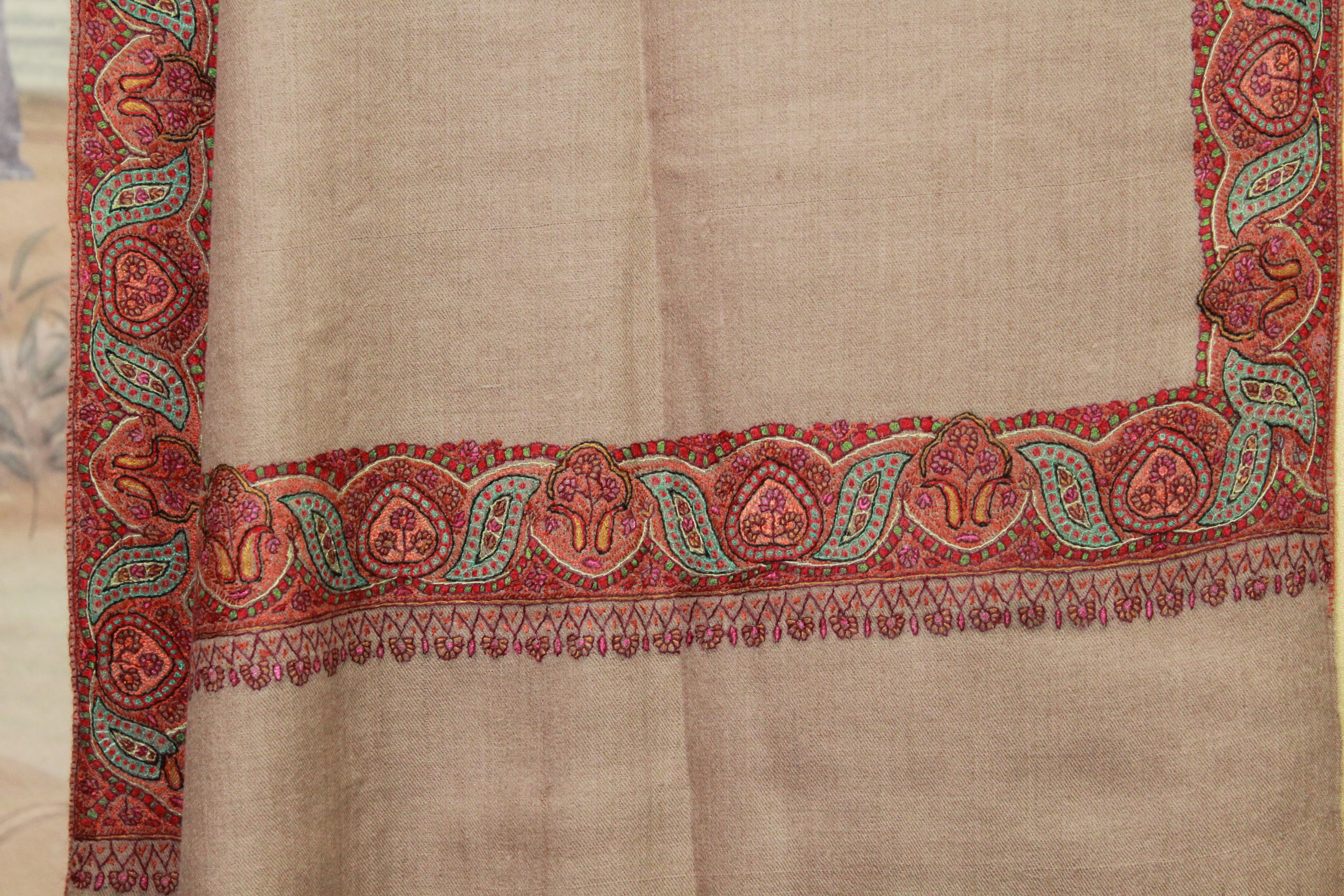 Beige Paisley Border Embroidered Shawl