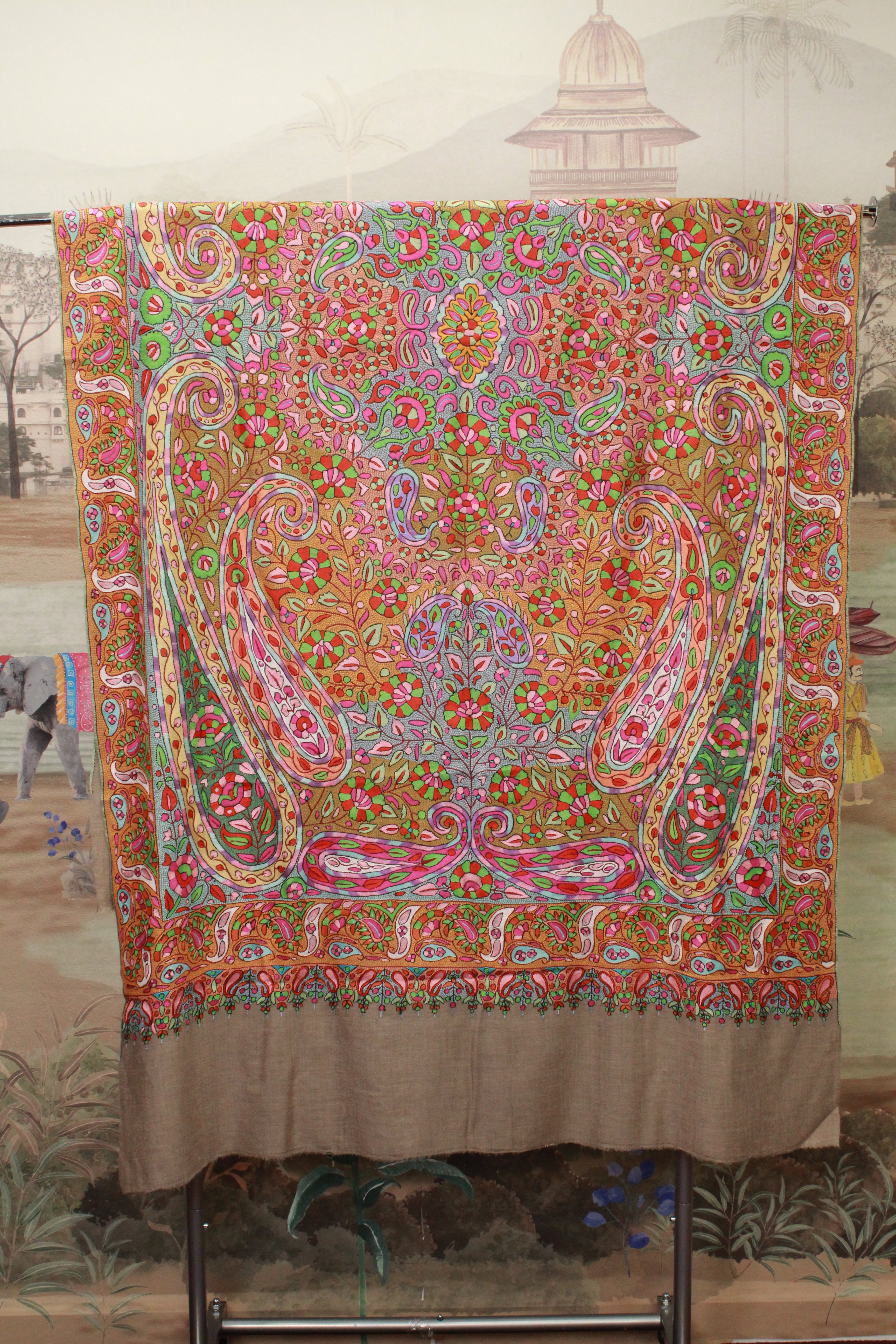 Multicolor Floral Paisley Embroidered Beige Shawl