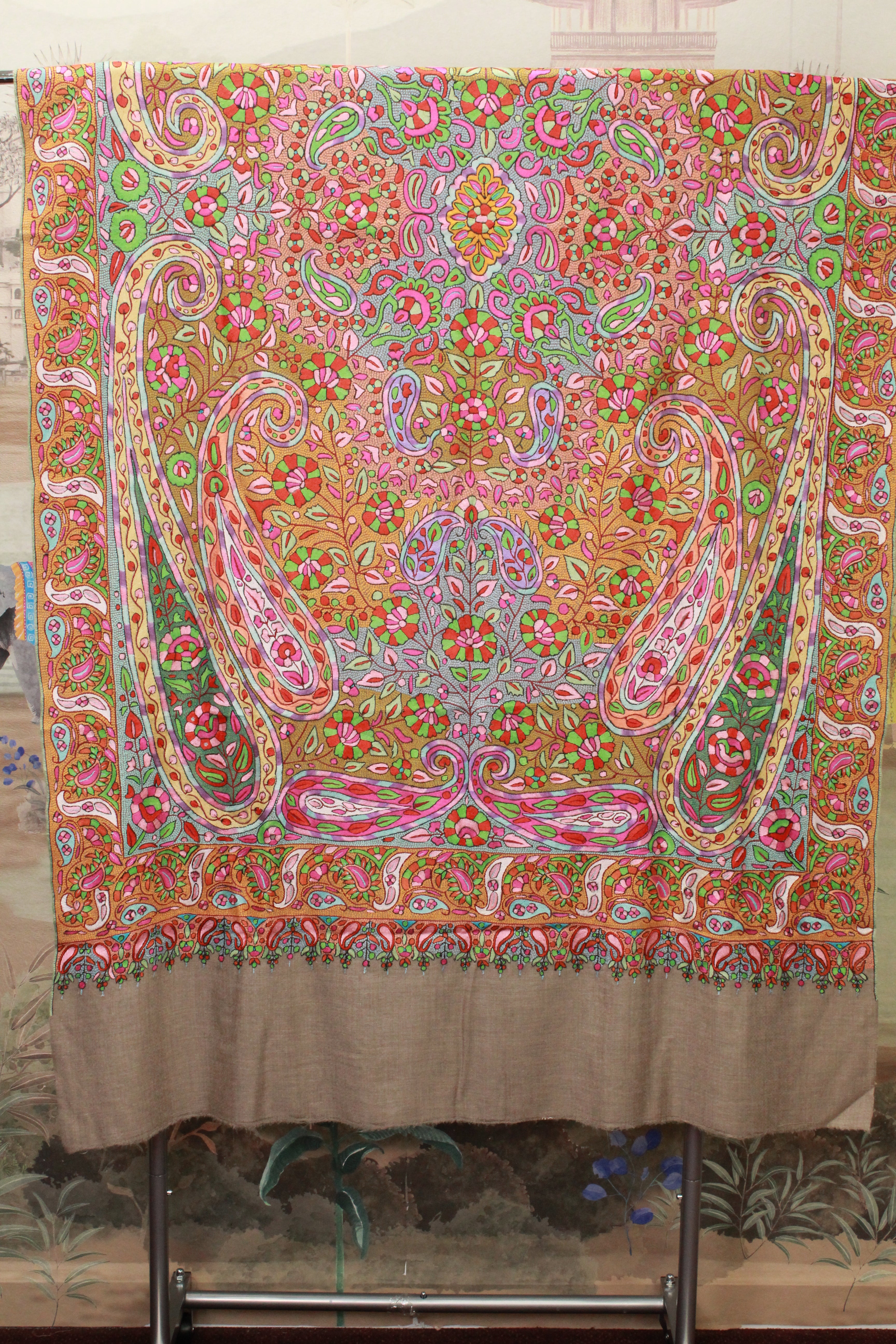 Multicolor Floral Paisley Embroidered Beige Shawl