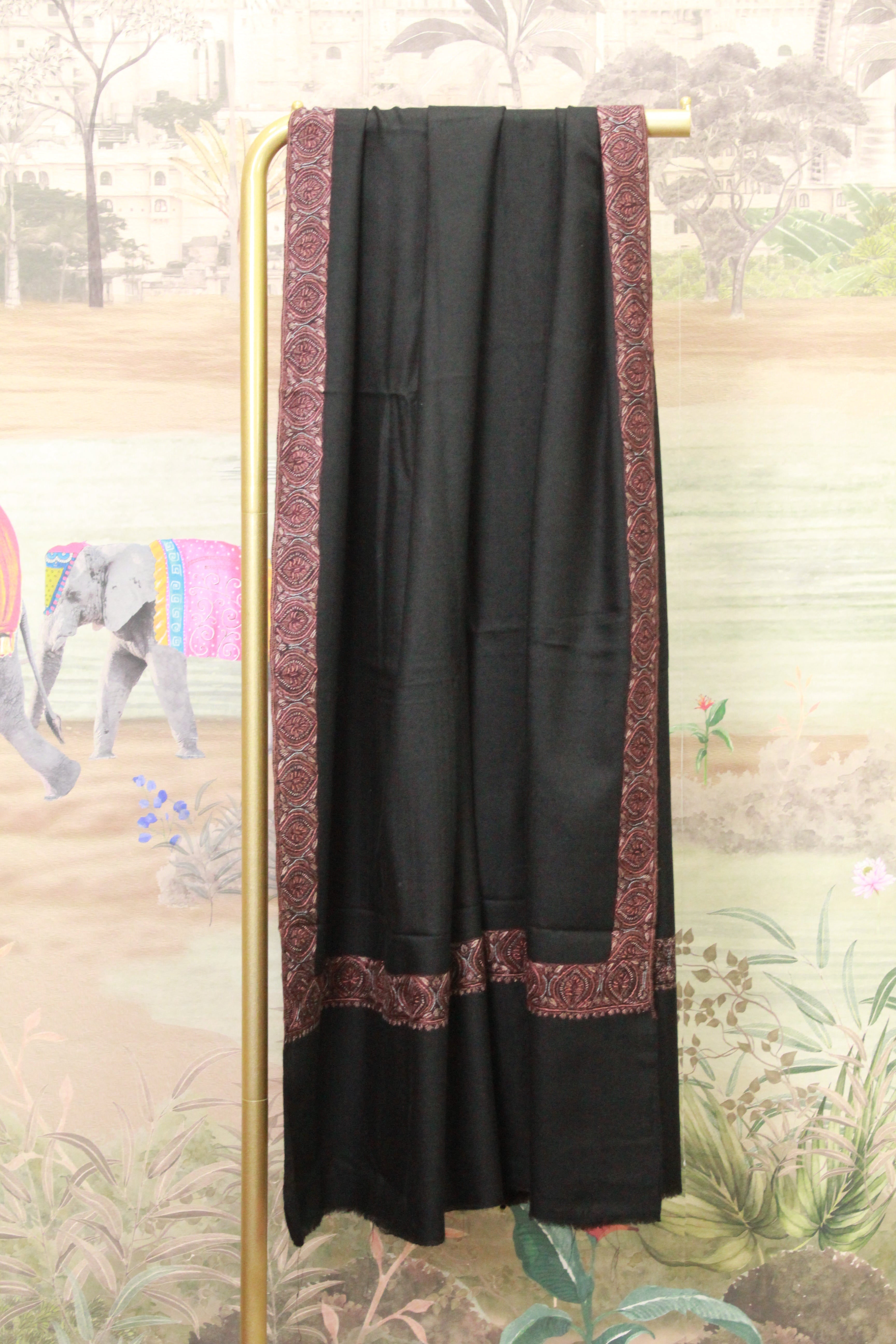 Black Shawl with Traditional Paisley Embroidered Border