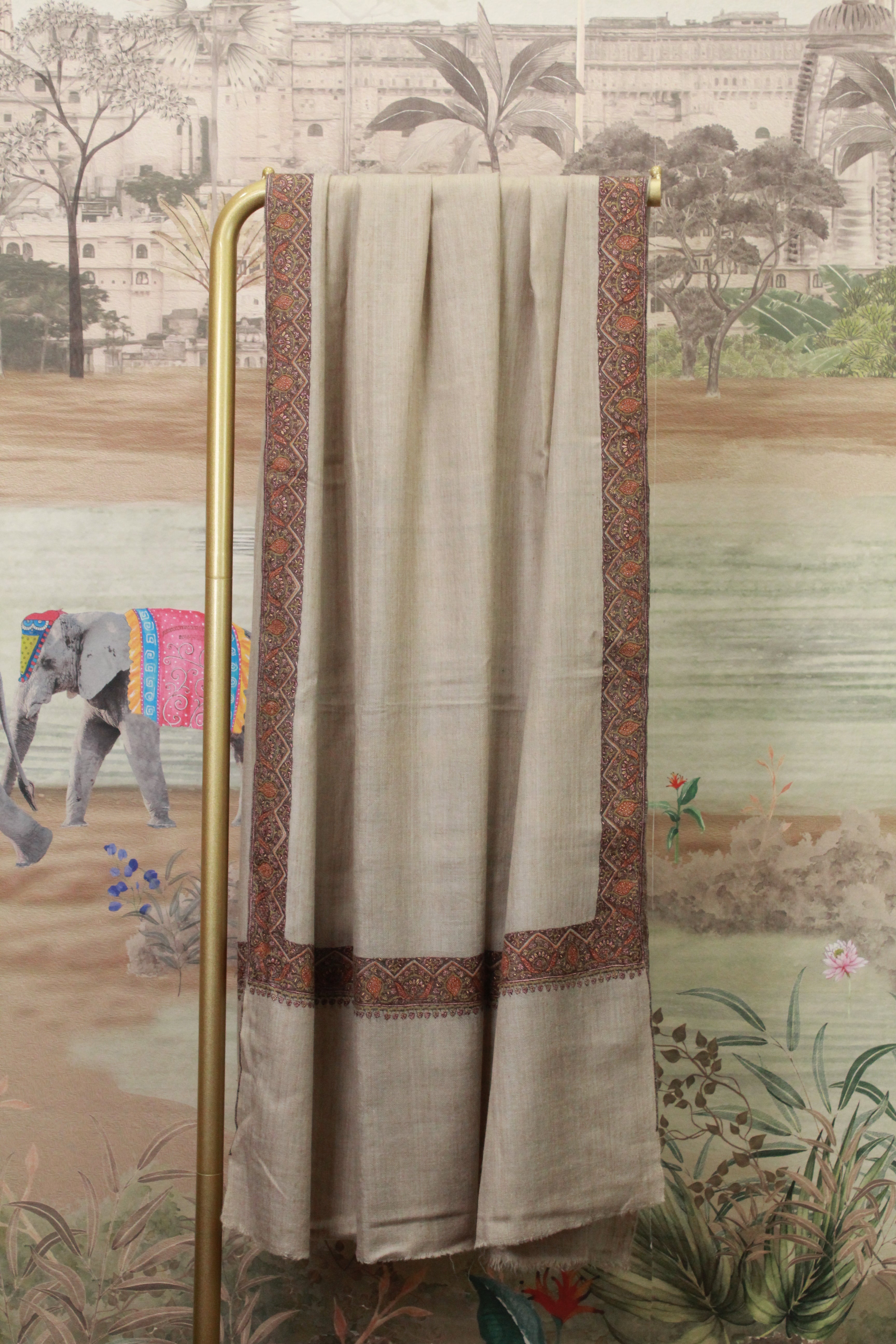 Beige Traditional Embroidered Shawl with Geometric Paisley Border