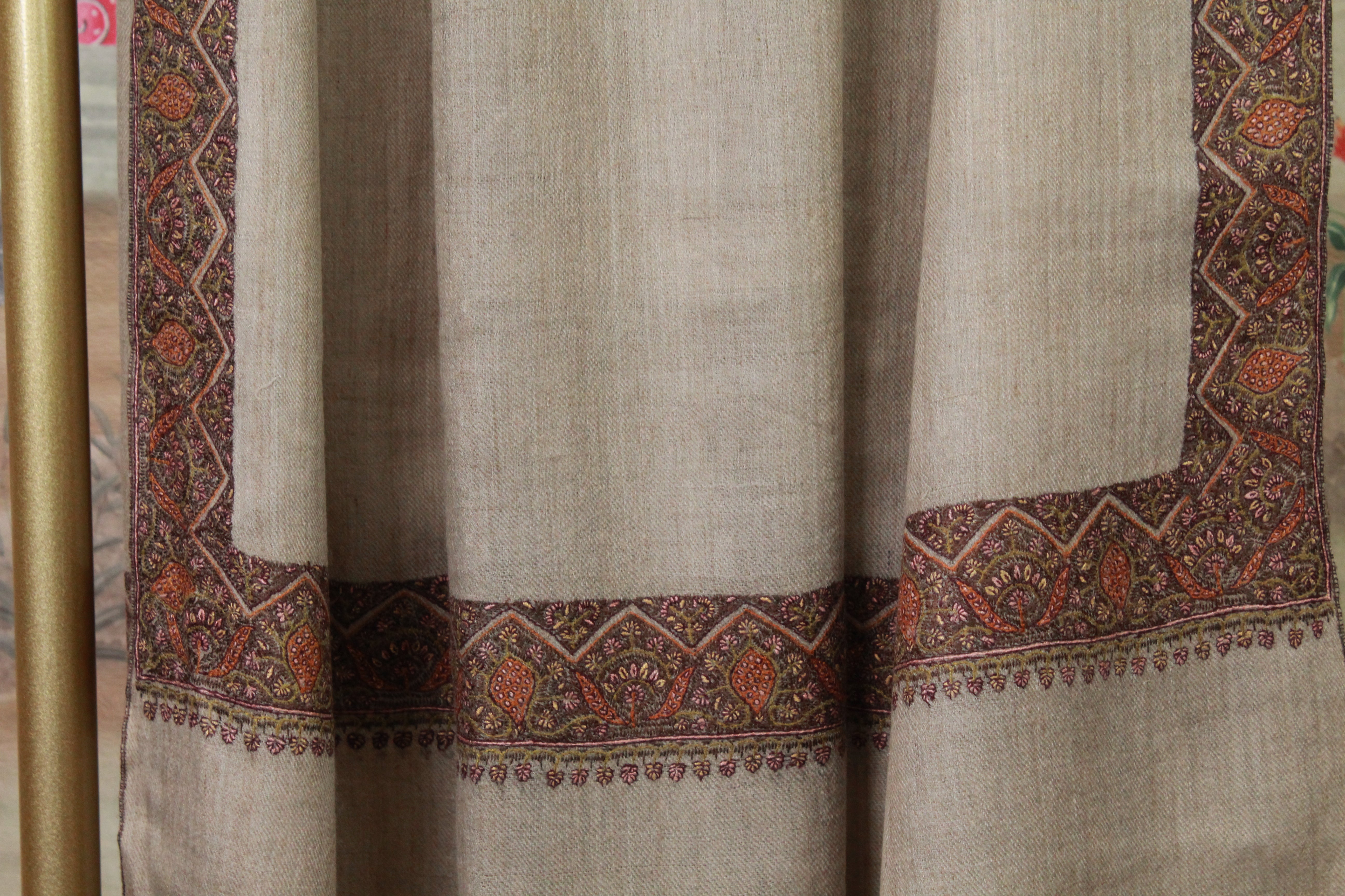 Beige Traditional Embroidered Shawl with Geometric Paisley Border