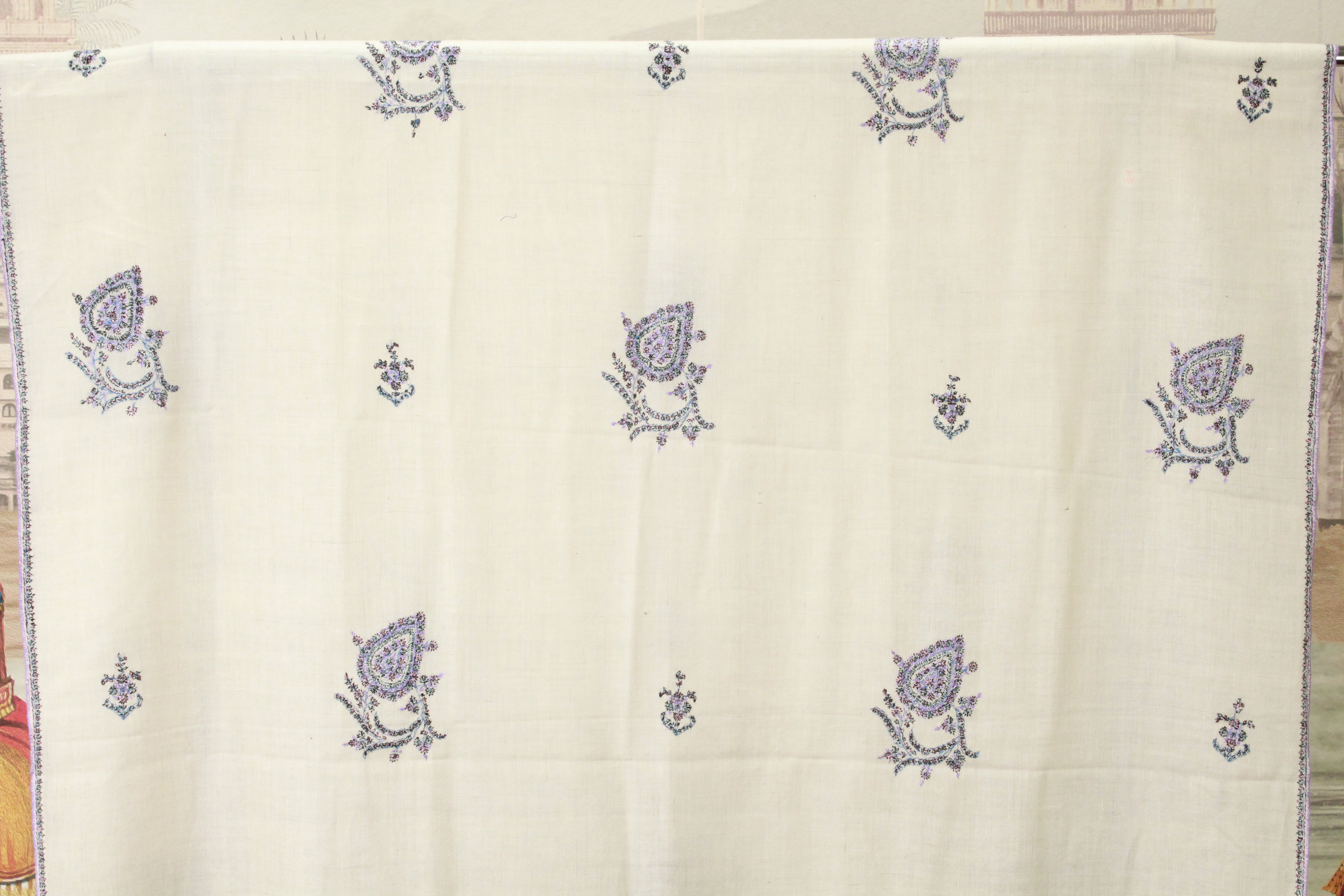 Cream Paisley Embroidered Kashmiri Shawl