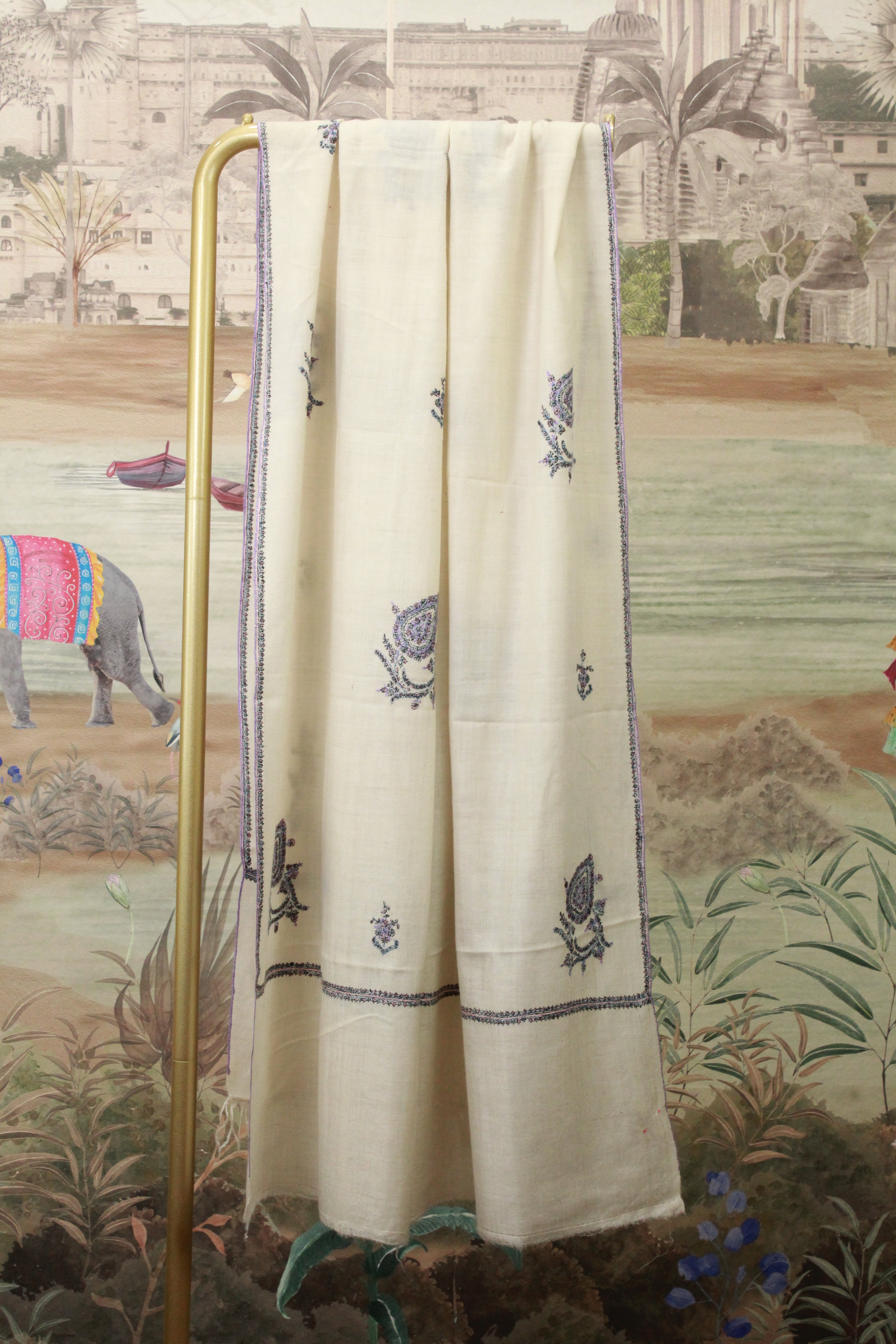 Cream Paisley Embroidered Kashmiri Shawl