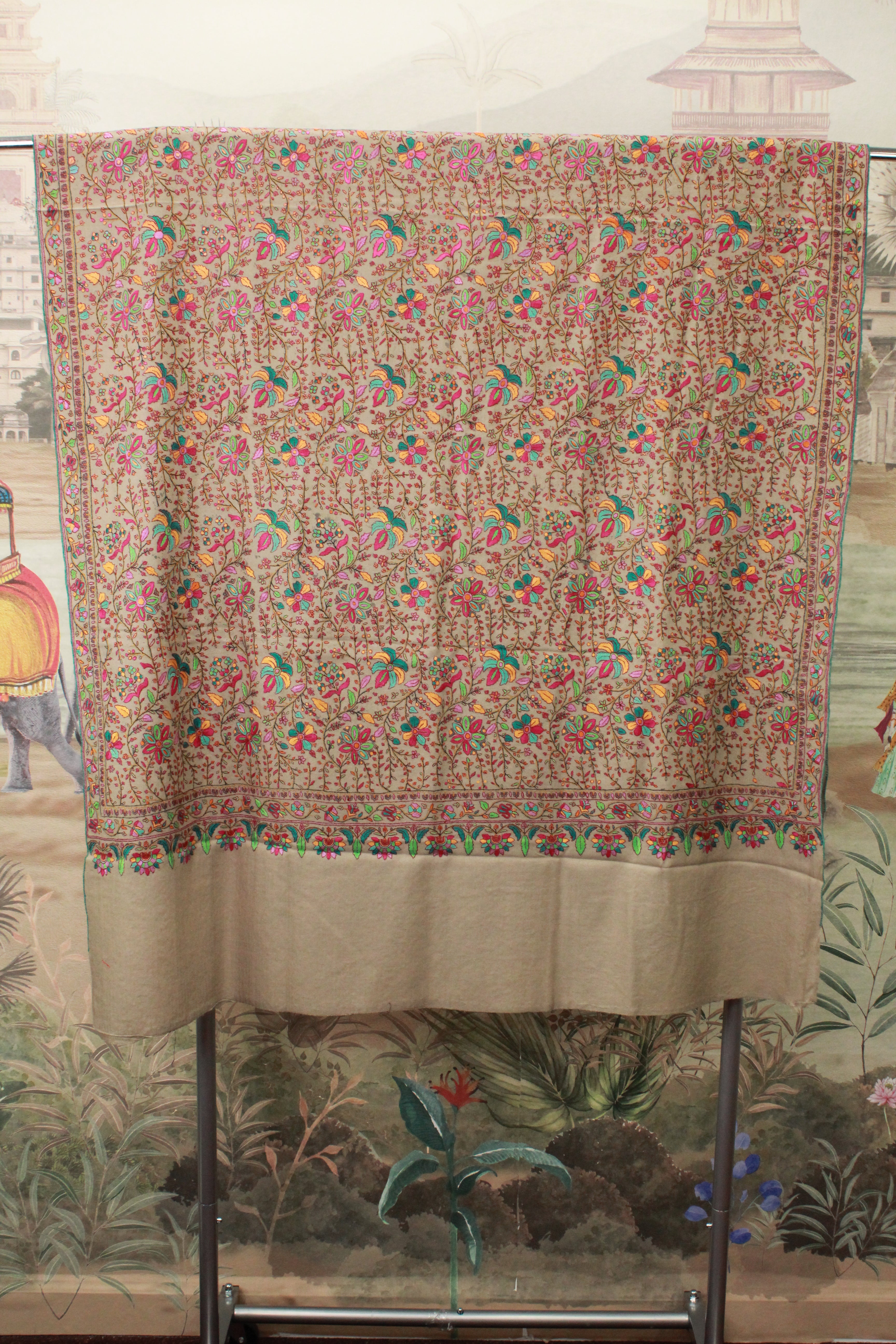 Beige Floral Embroidered Shawl with Multicolor Paisley Pattern