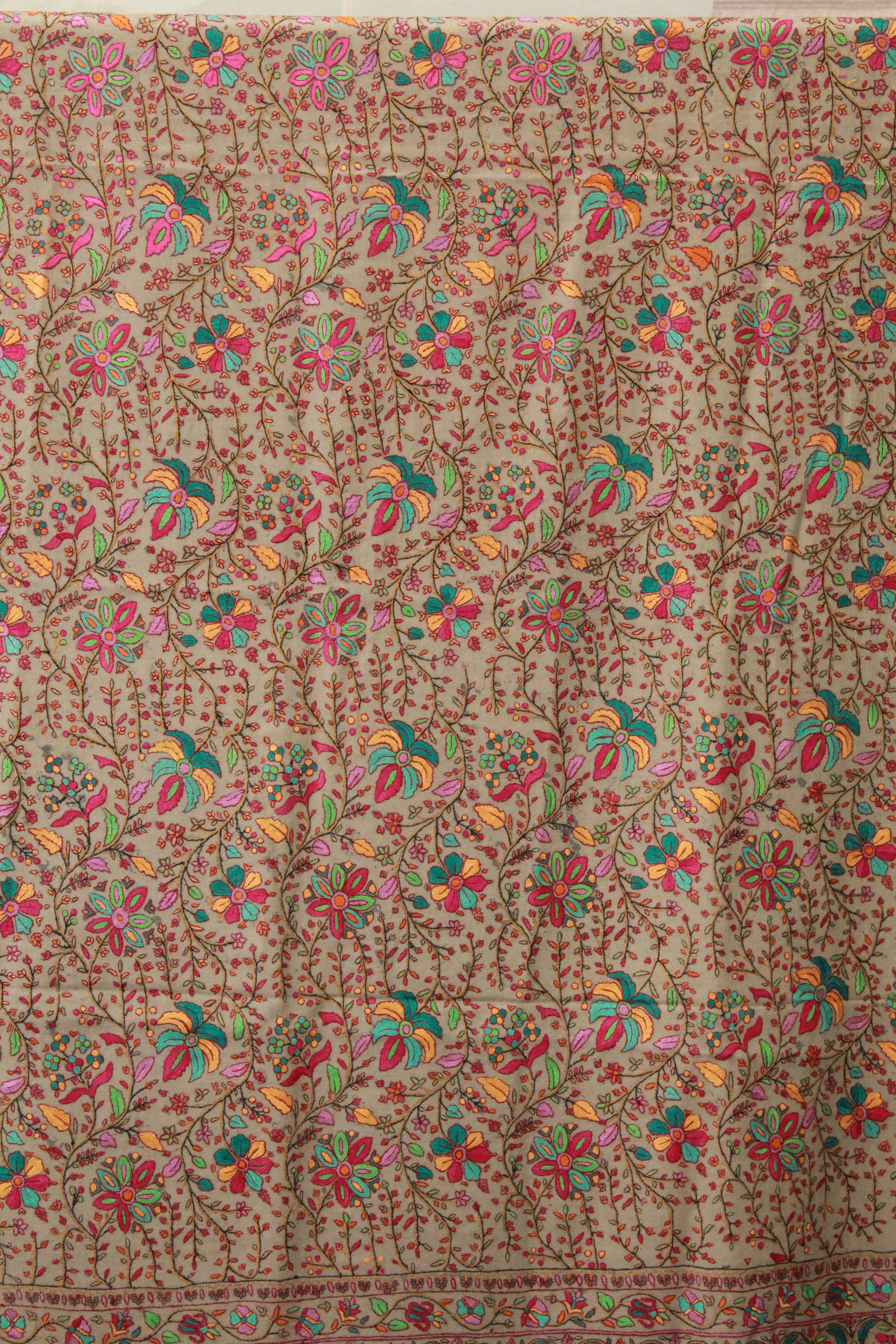 Beige Floral Embroidered Shawl with Multicolor Paisley Pattern