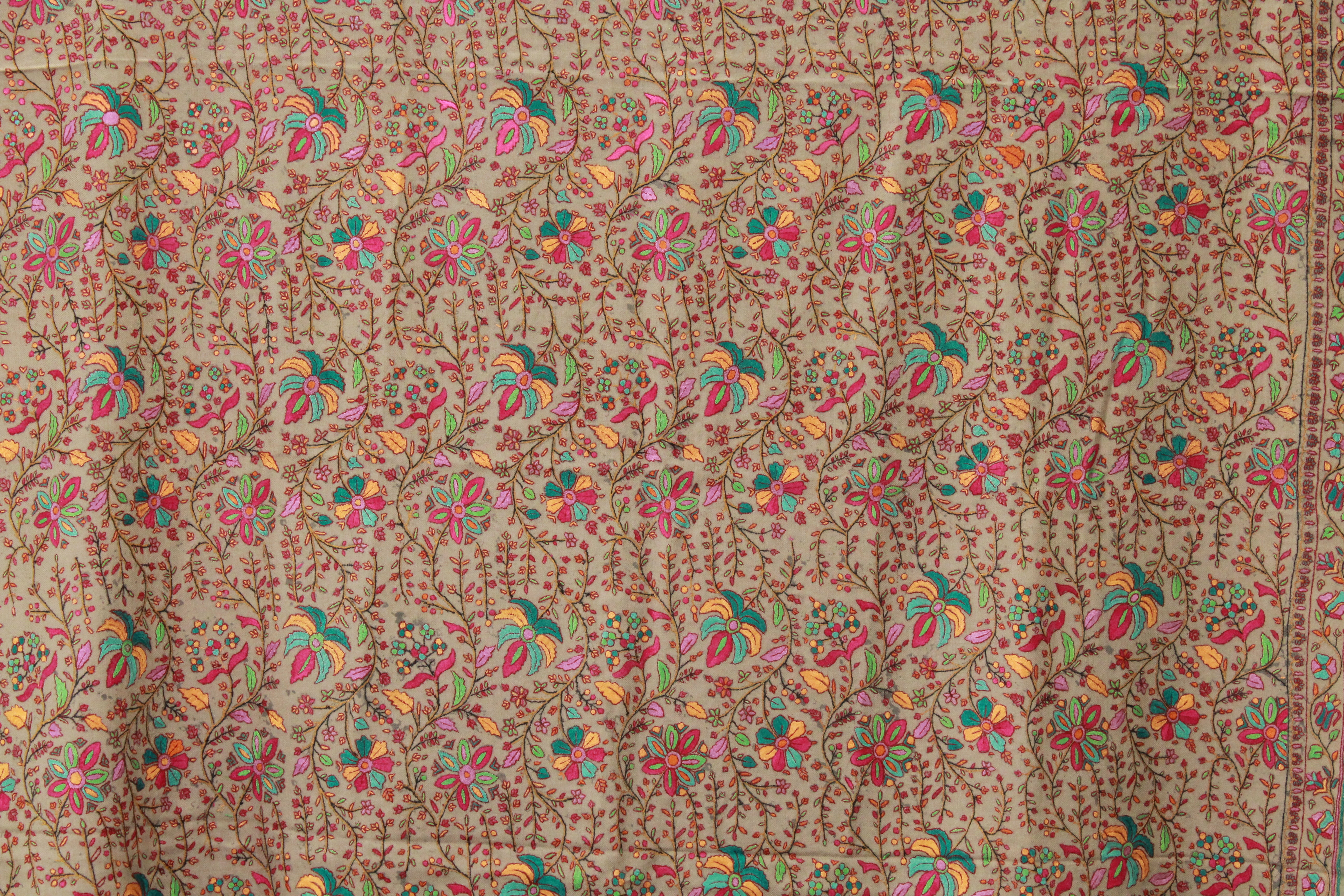 Beige Floral Embroidered Shawl with Multicolor Paisley Pattern
