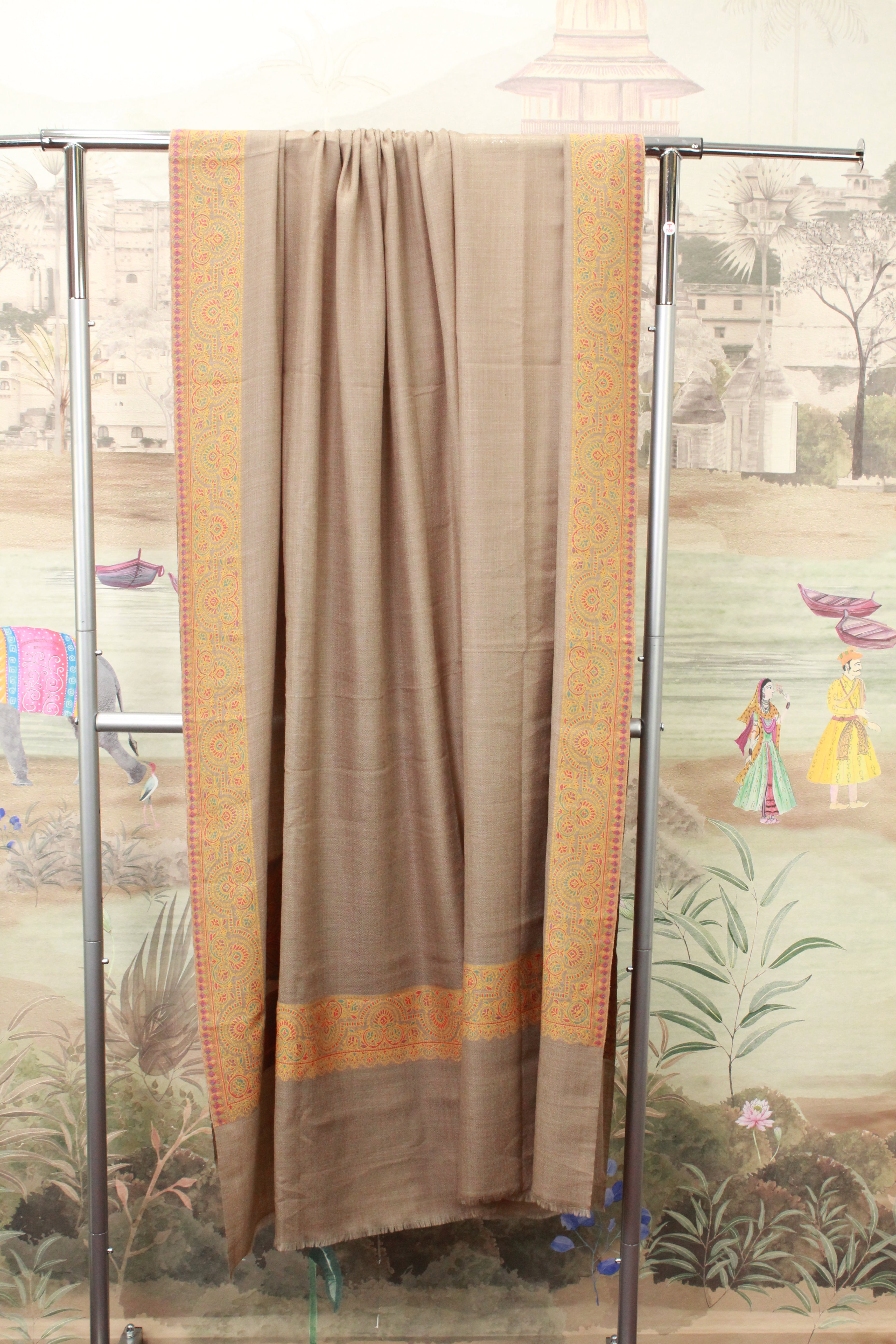 Taupe Paisley Border Kashmiri Shawl with Traditional Motif Design