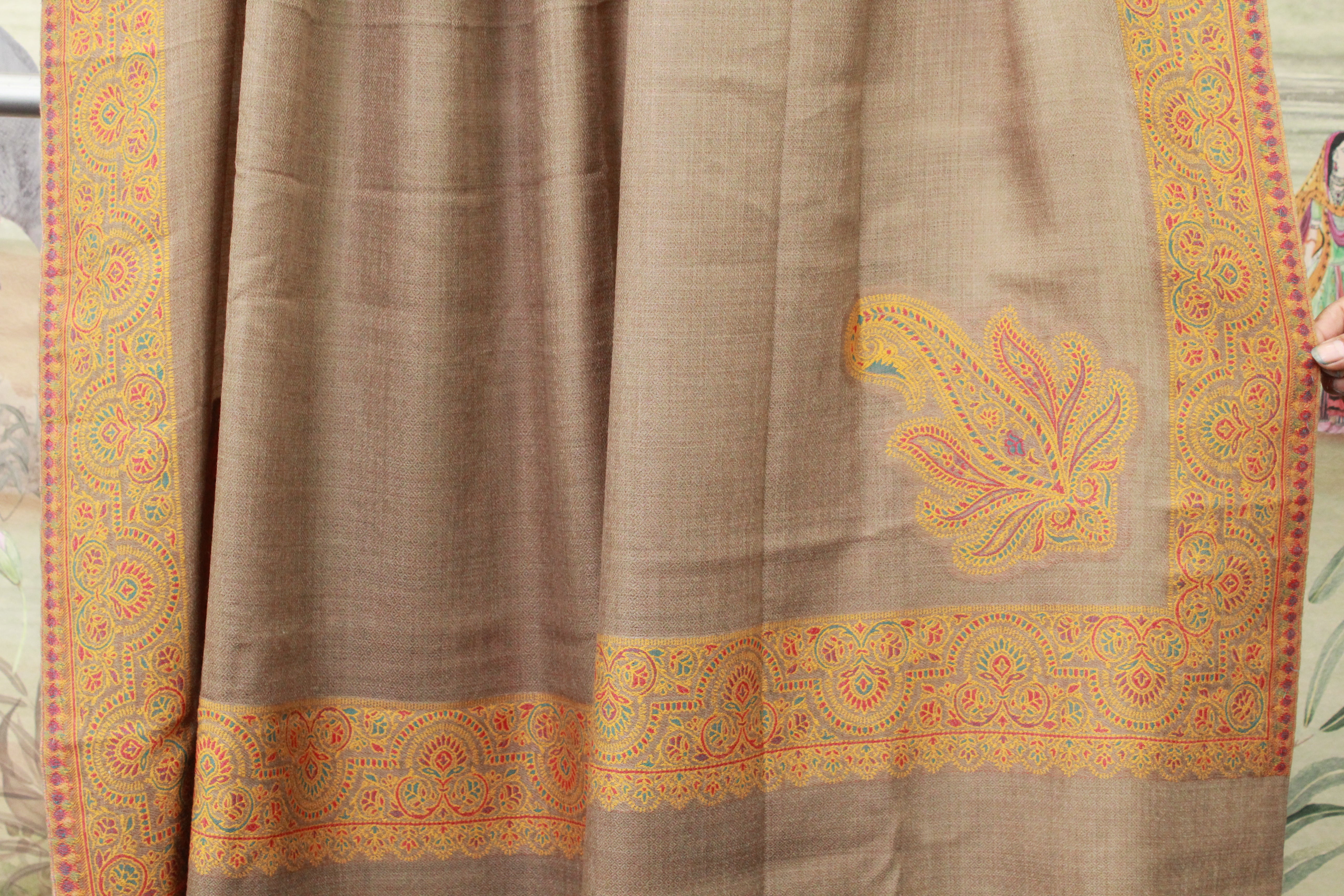 Taupe Paisley Border Kashmiri Shawl with Traditional Motif Design