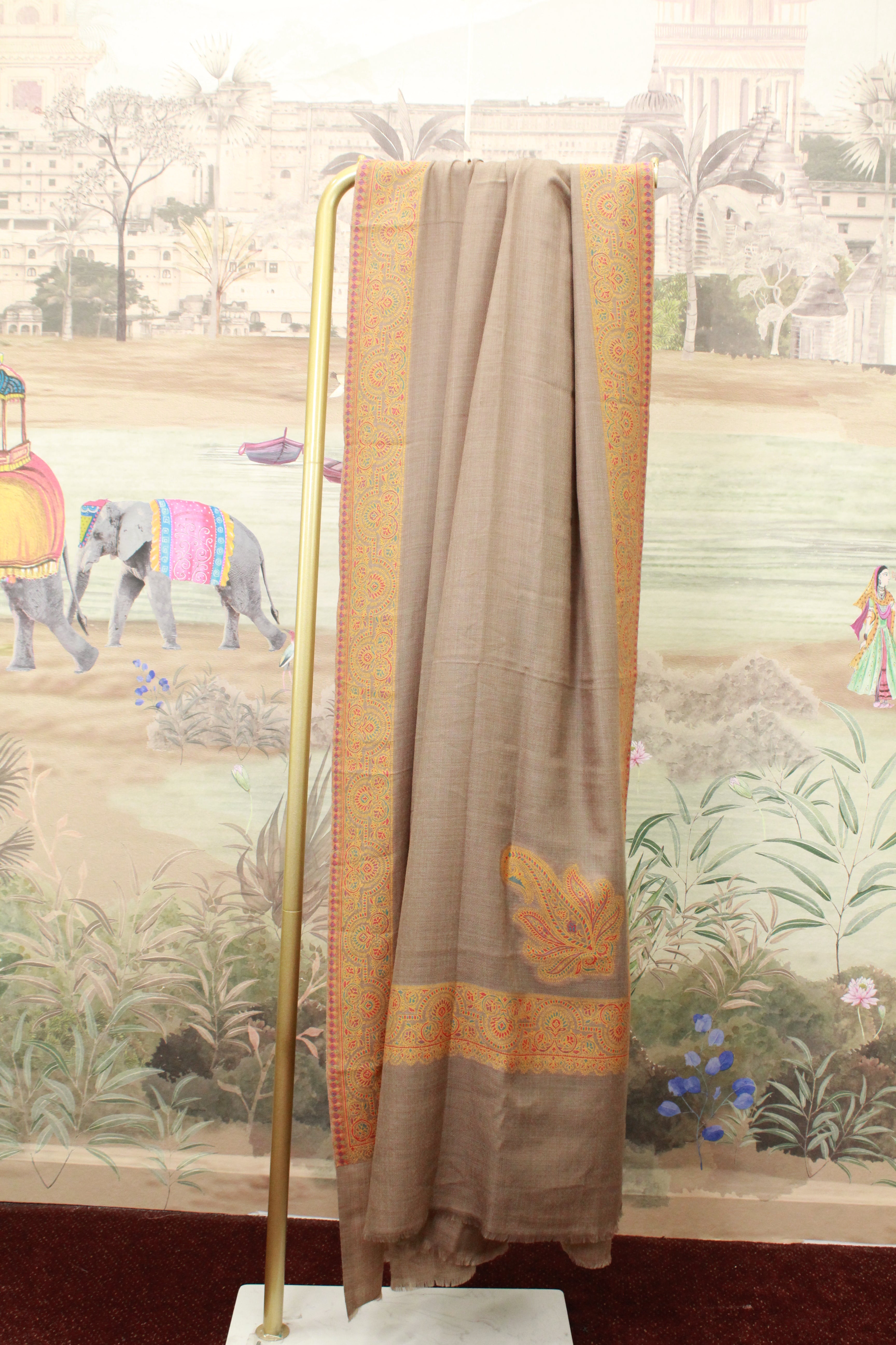 Taupe Paisley Border Kashmiri Shawl with Traditional Motif Design
