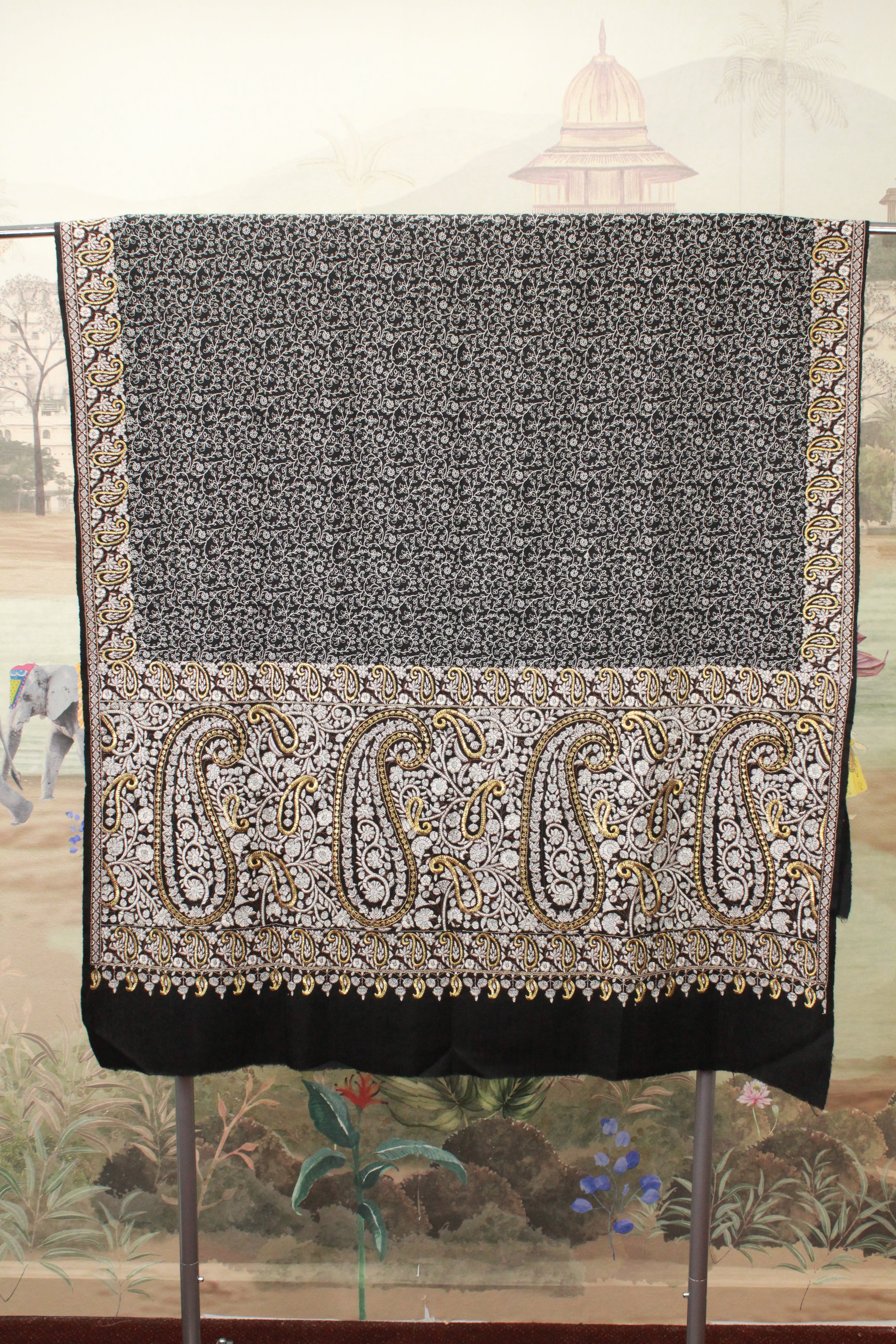 Black Kashmiri Shawl with Gold Paisley Embroidered Border