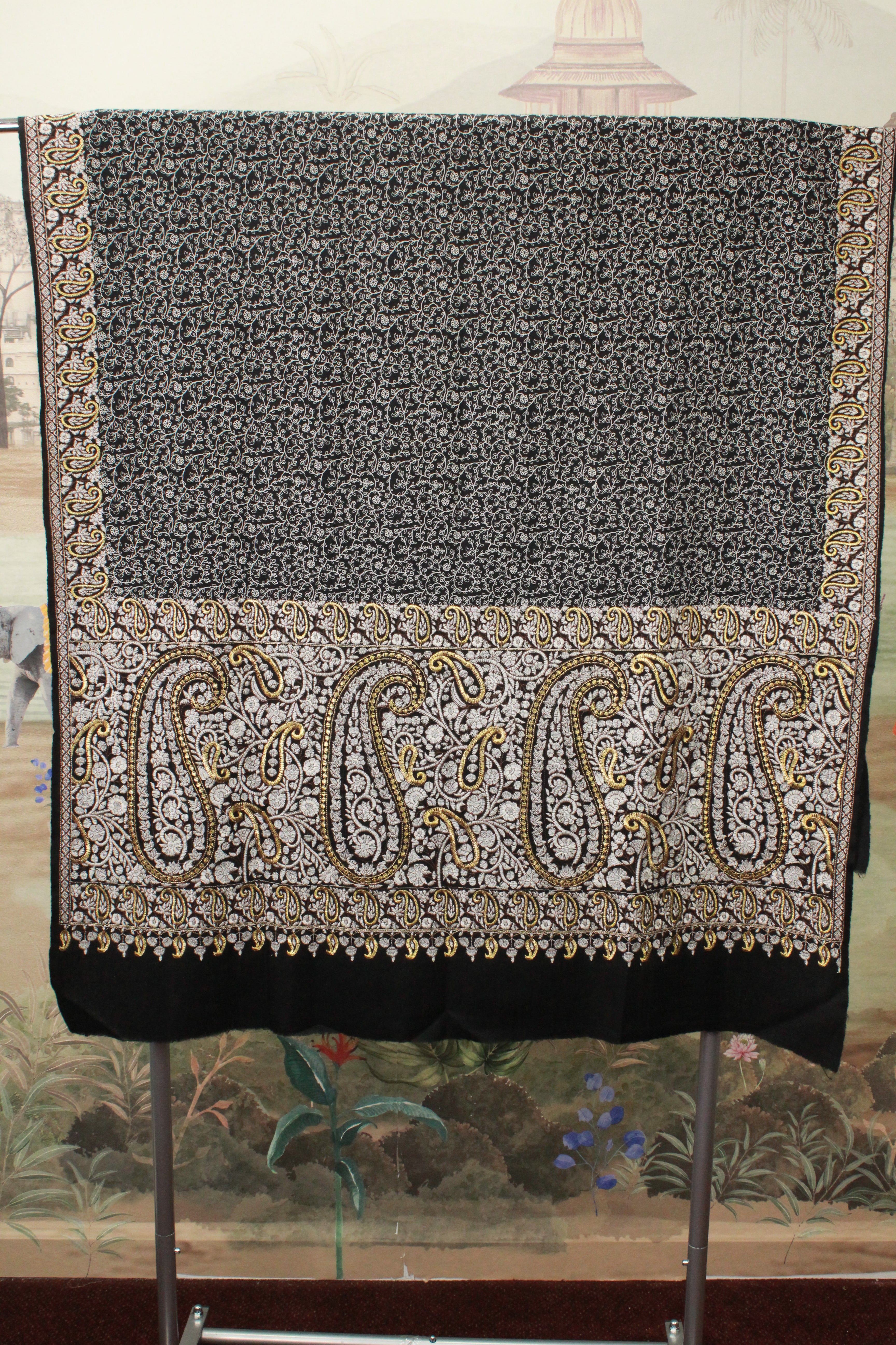 Black Kashmiri Shawl with Gold Paisley Embroidered Border