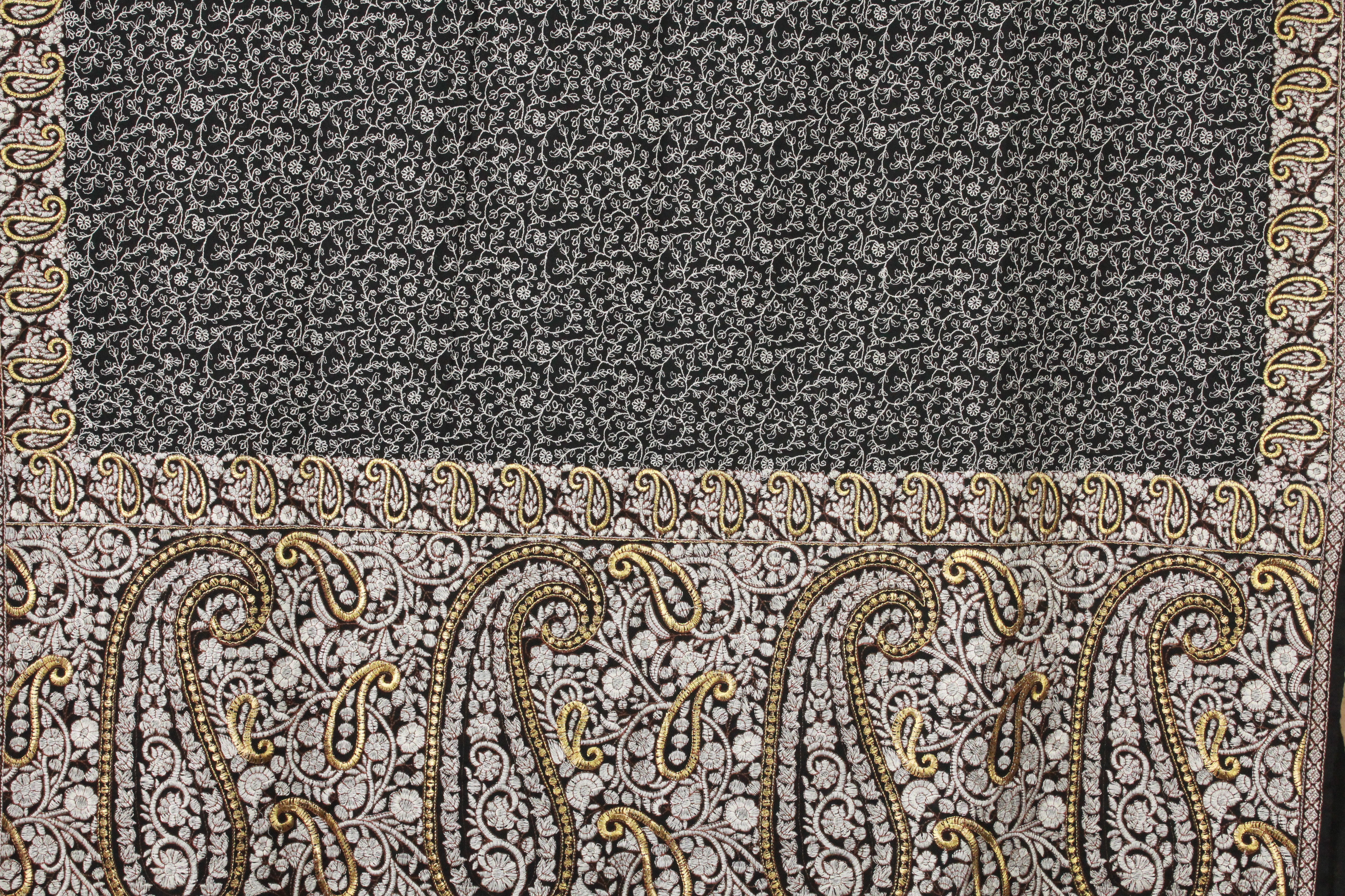 Black Kashmiri Shawl with Gold Paisley Embroidered Border