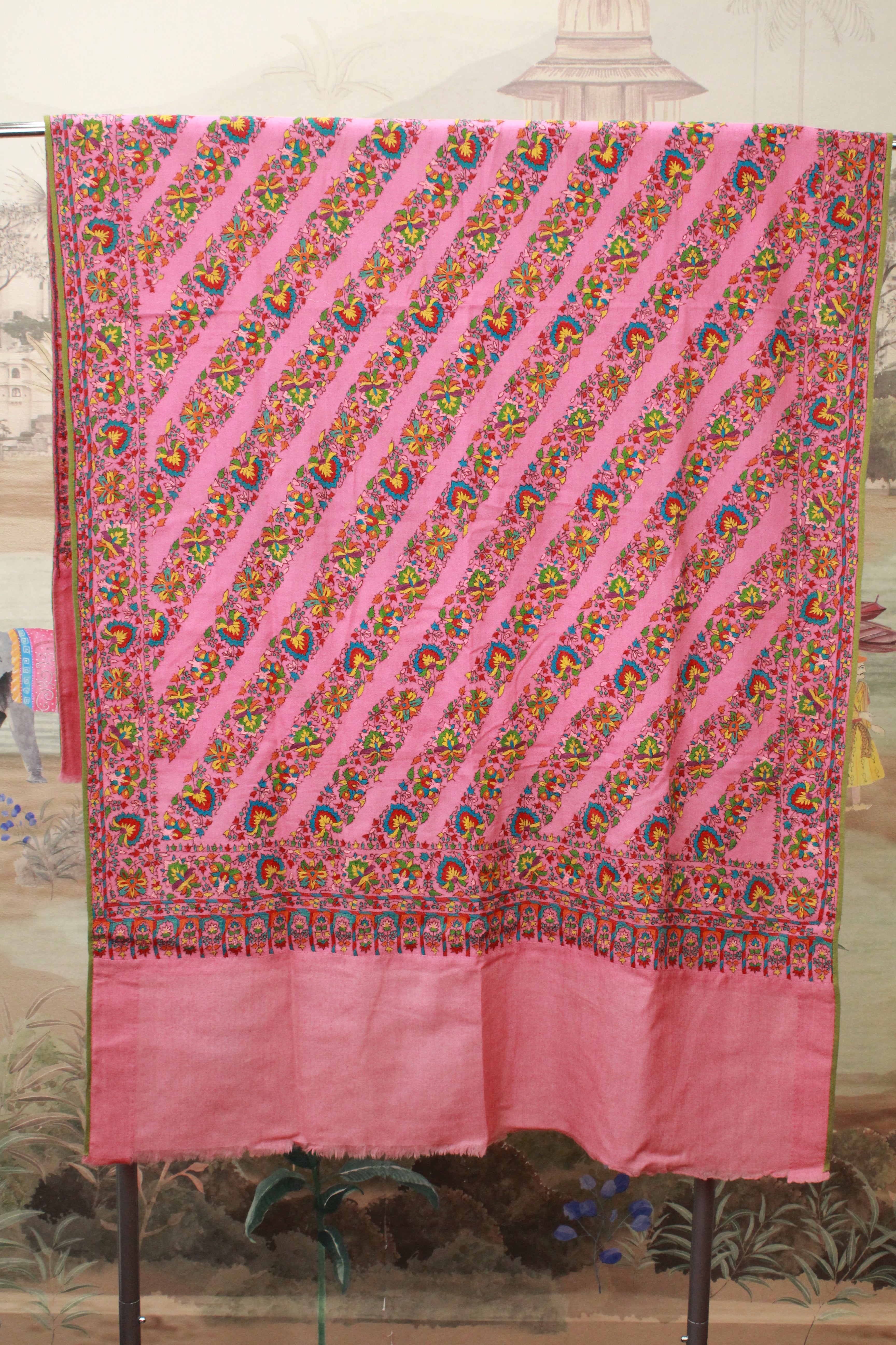 Pink Floral Embroidered Shawl with Multicolor Striped Pattern