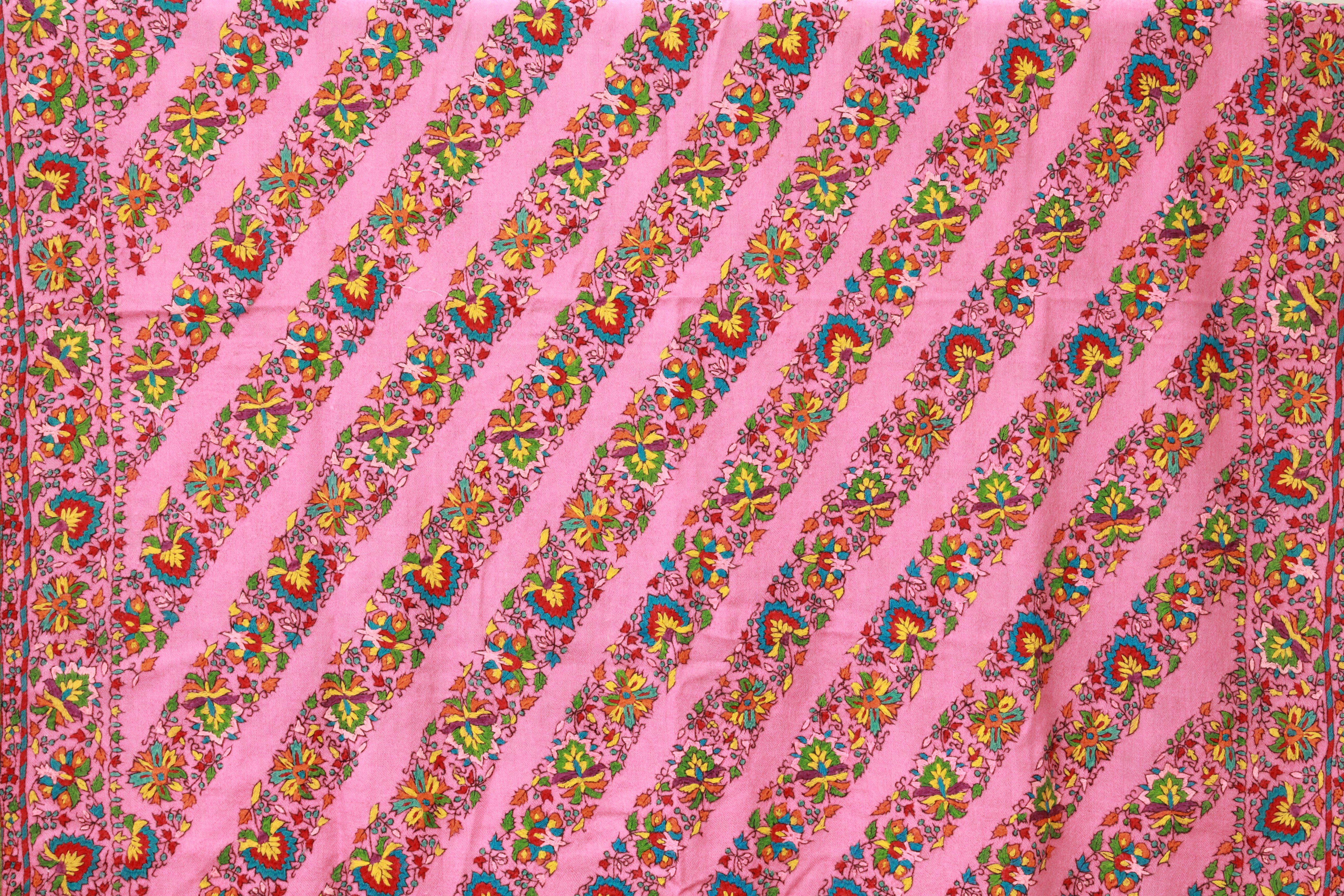Pink Floral Embroidered Shawl with Multicolor Striped Pattern