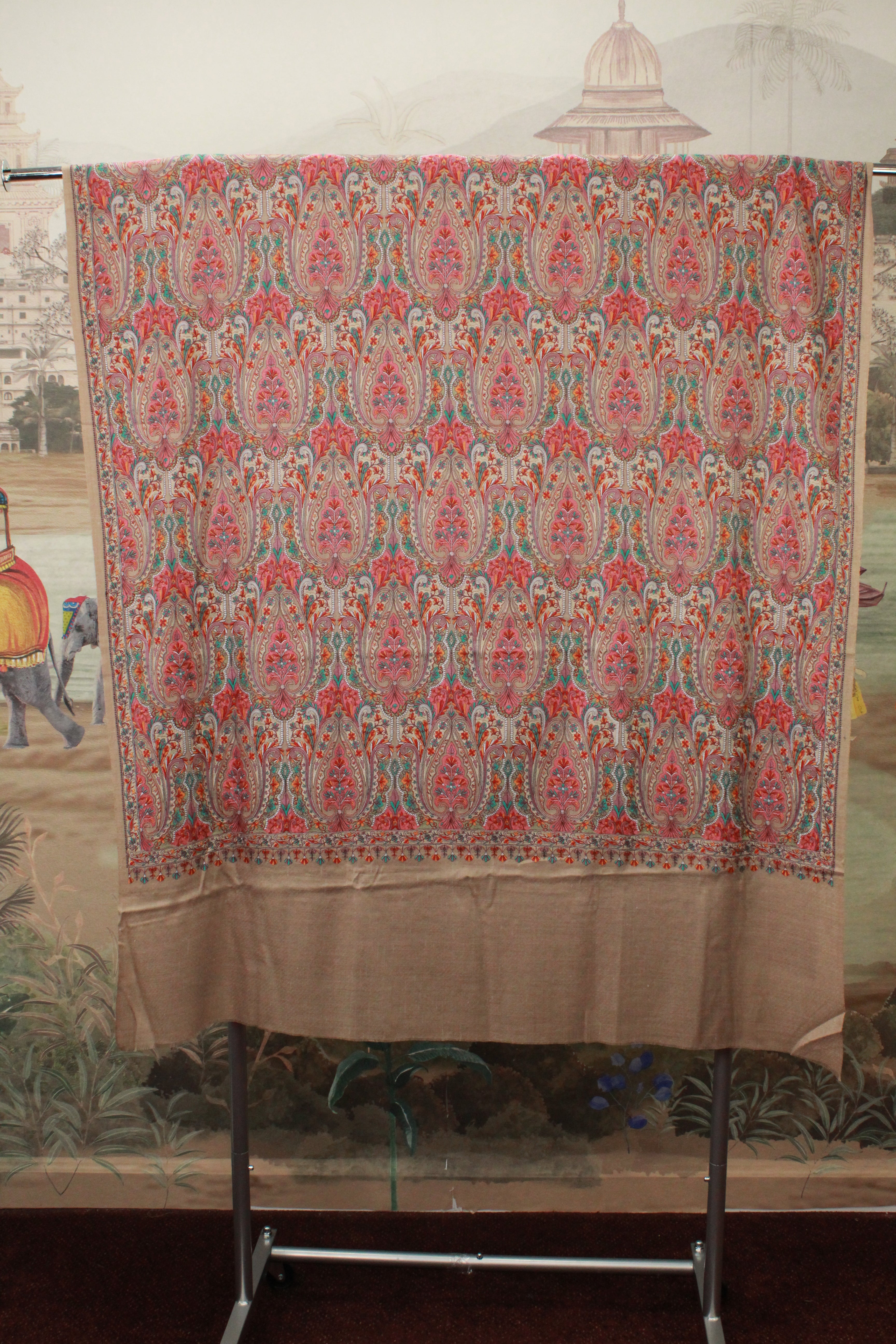 Cream Floral Paisley Embroidered Shawl with Traditional Pattern