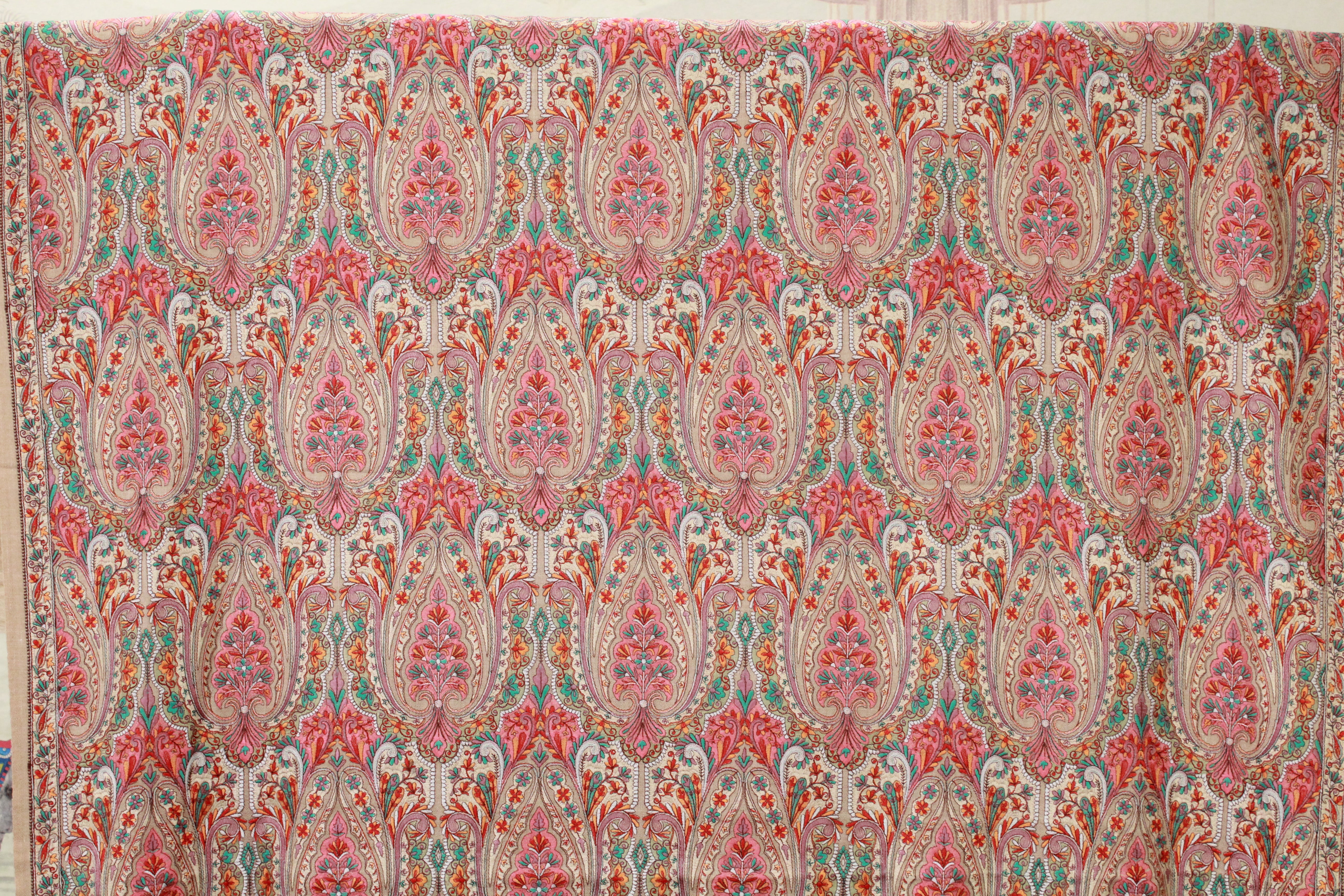 Cream Floral Paisley Embroidered Shawl with Traditional Pattern
