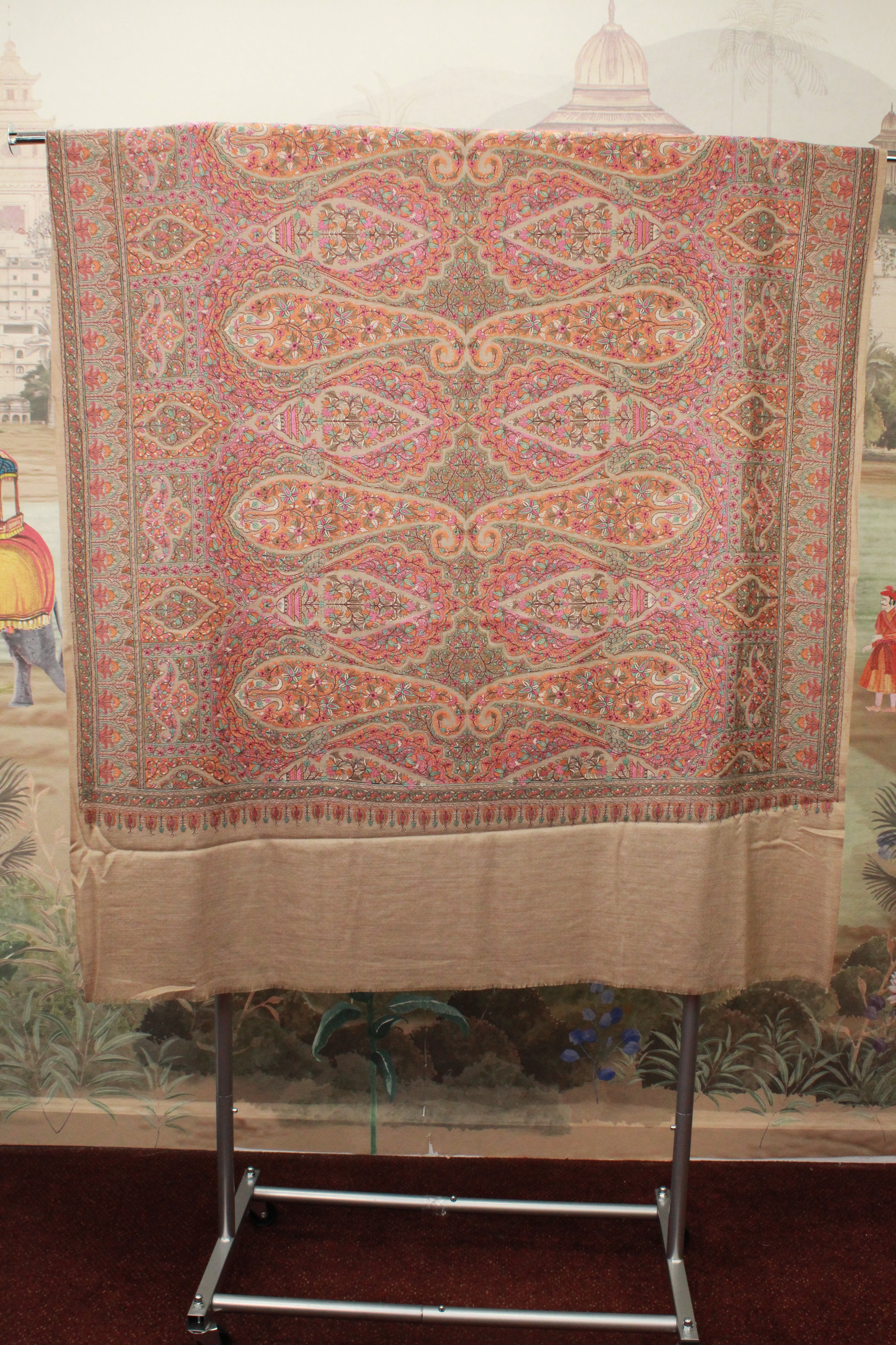 Peach Paisley Floral Embroidered Kashmiri Shawl with Traditional Pattern