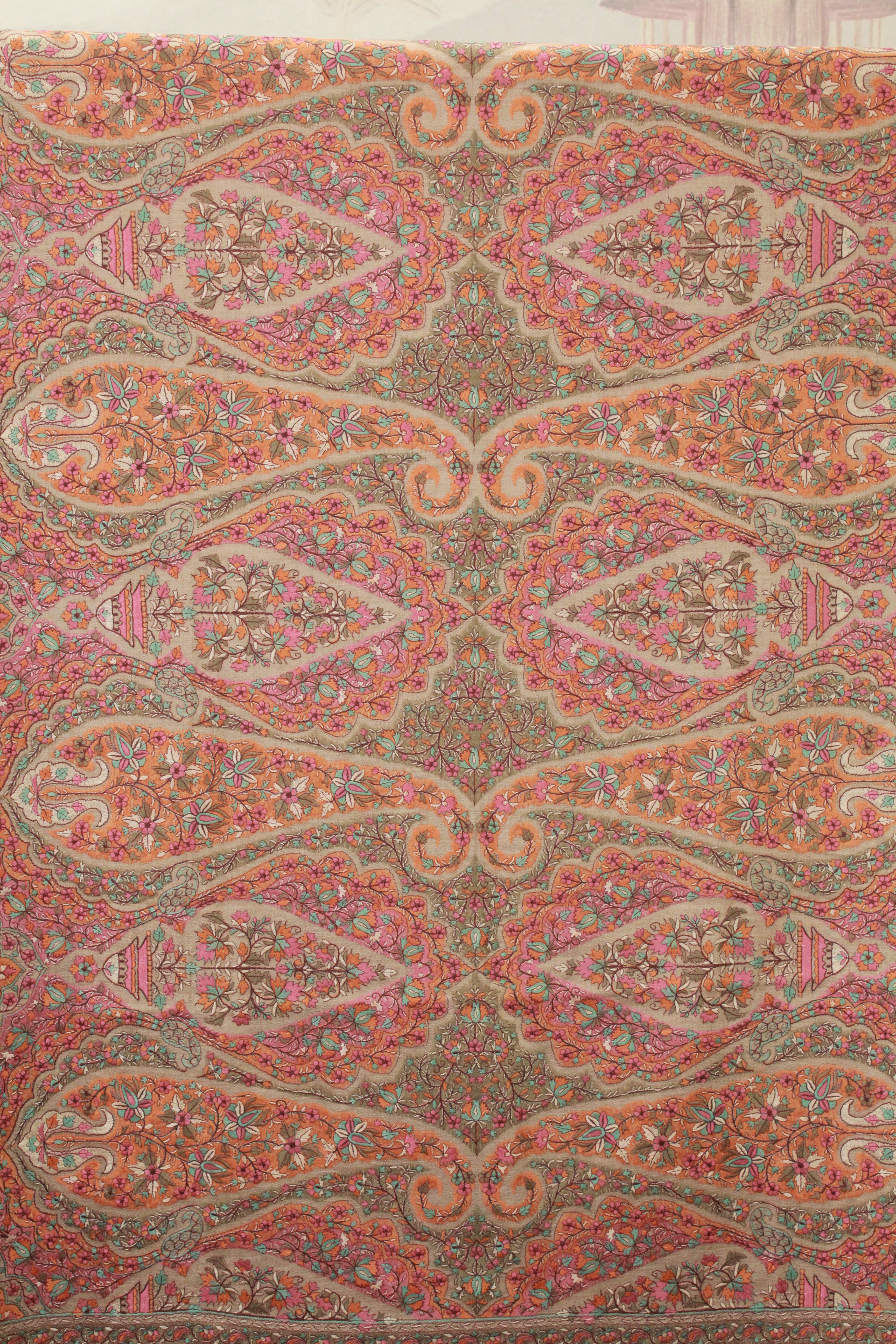 Peach Paisley Floral Embroidered Kashmiri Shawl with Traditional Pattern