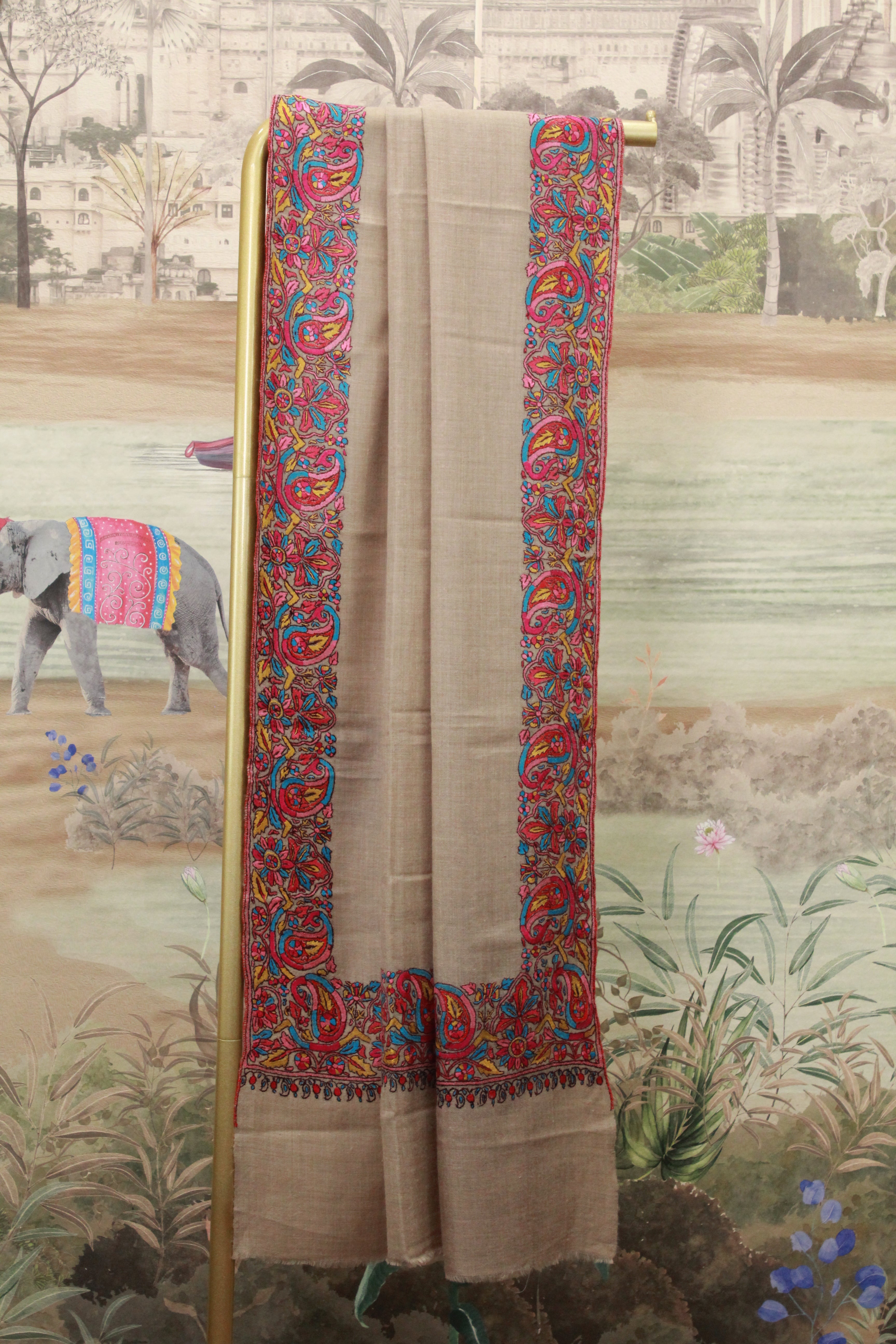 Beige Kashmiri Shawl with Multicolor Paisley and Floral Embroidered Border