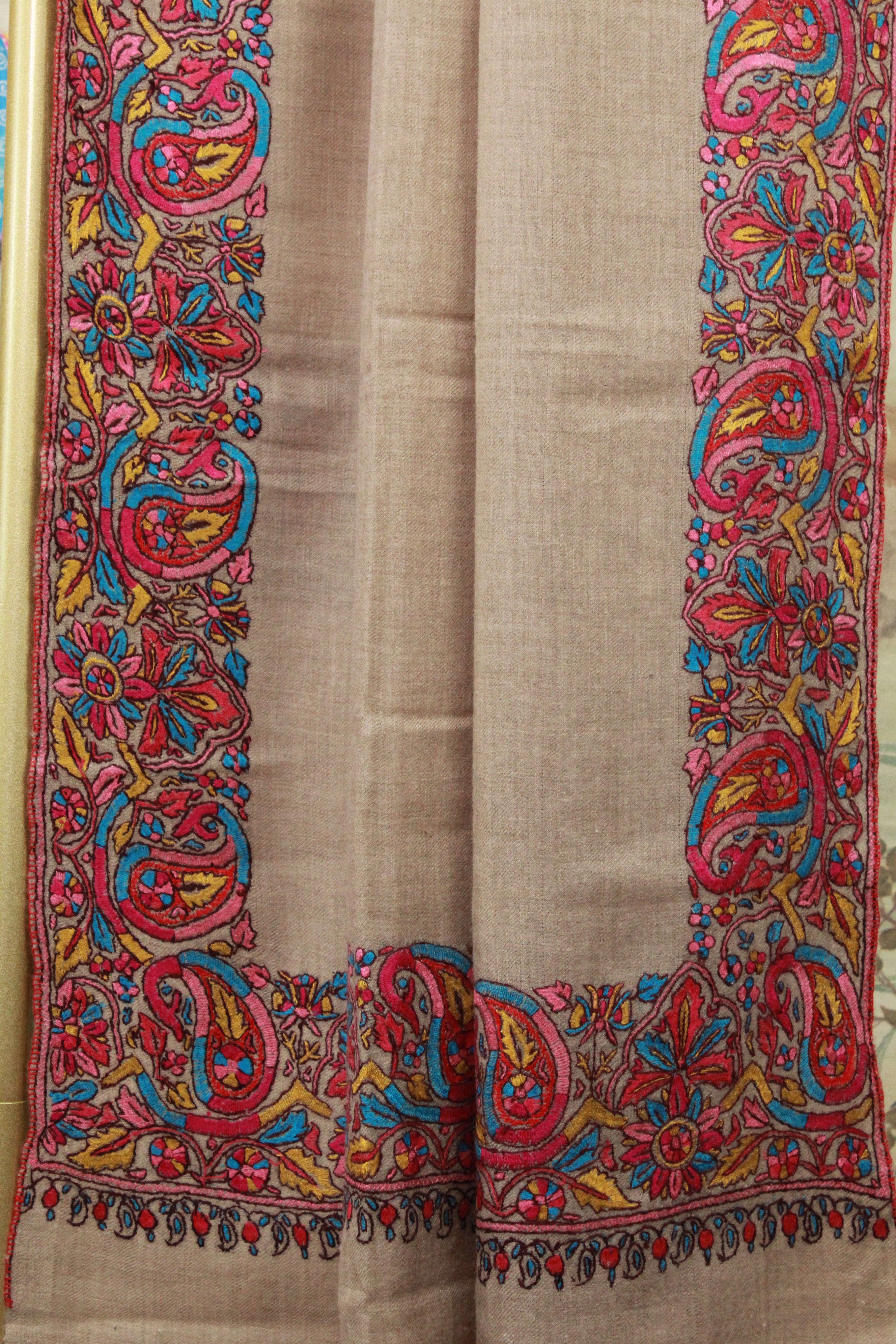 Beige Kashmiri Shawl with Multicolor Paisley and Floral Embroidered Border