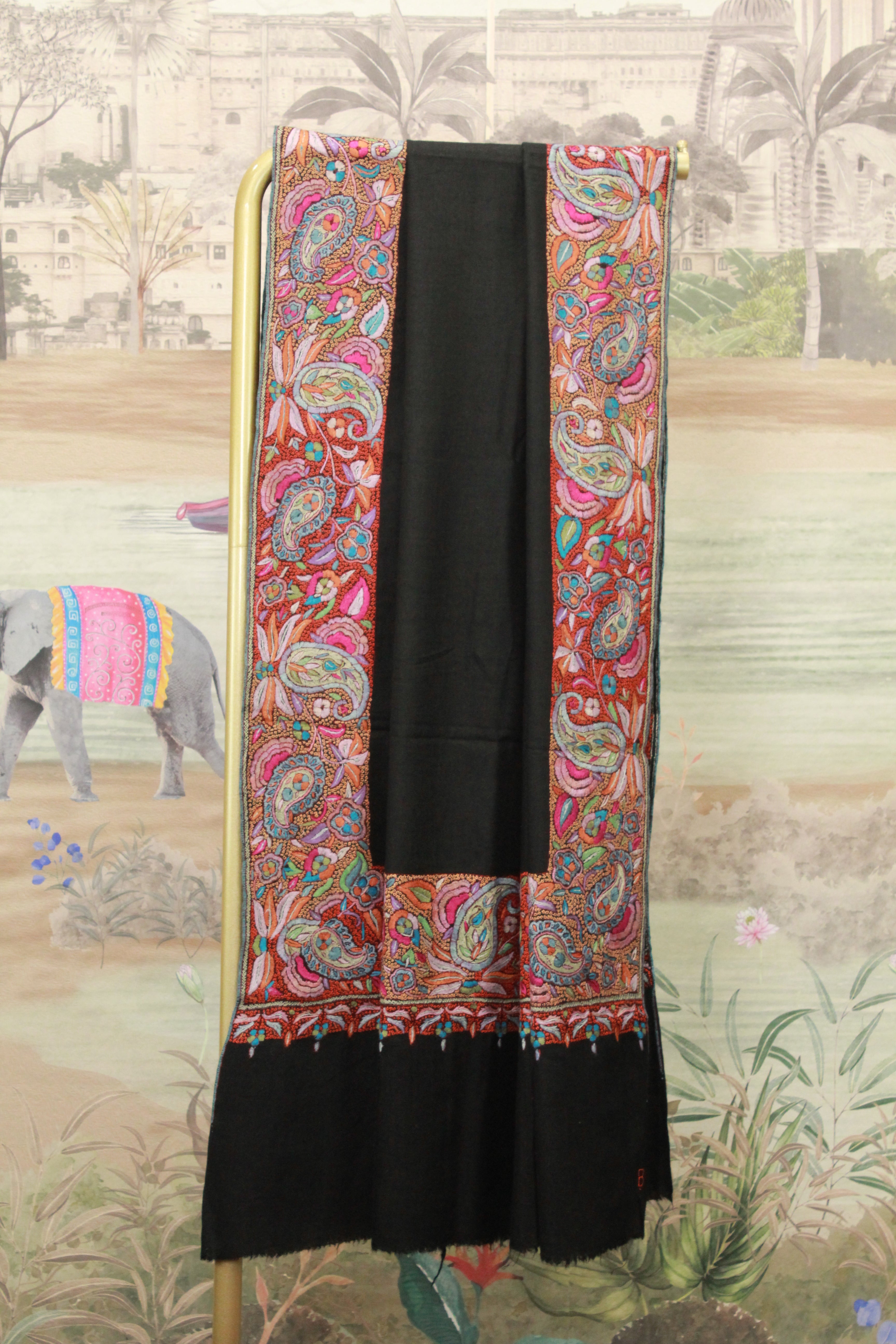 Black Kashmiri Shawl with Multicolor Paisley Floral Embroidered Border