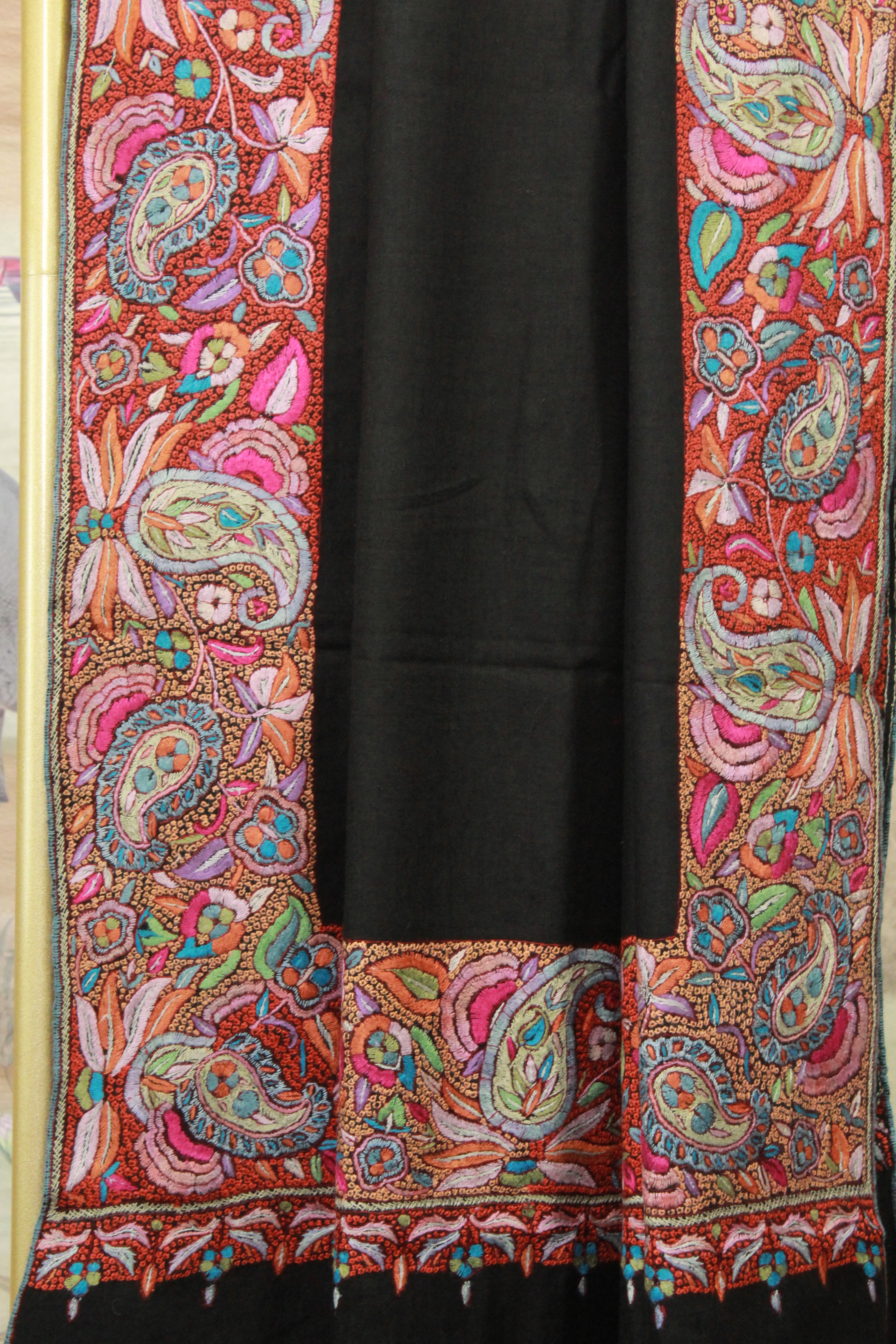 Black Kashmiri Shawl with Multicolor Paisley Floral Embroidered Border