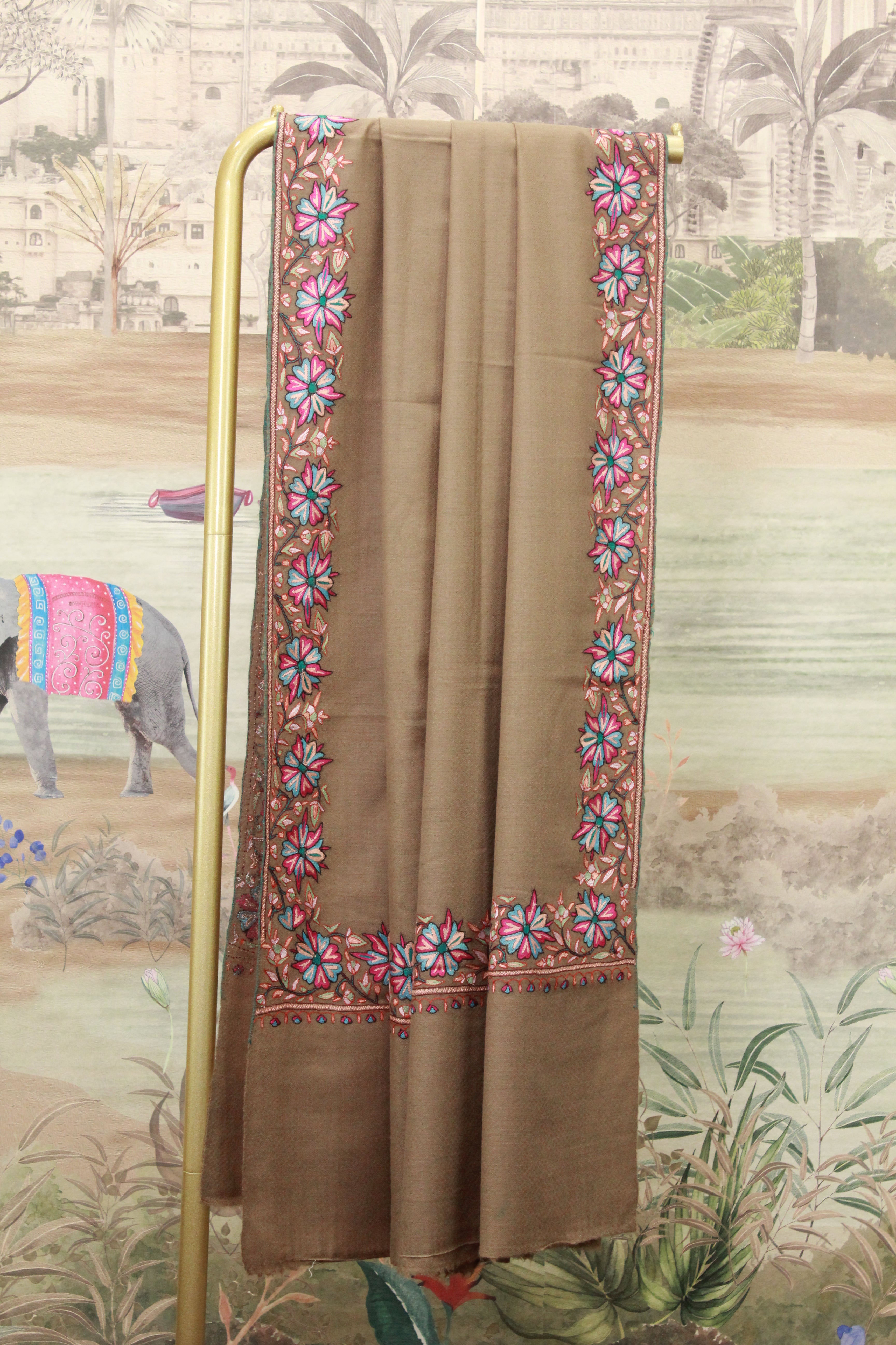 Brown Kashmiri Shawl with Multicolor Floral Embroidered Border