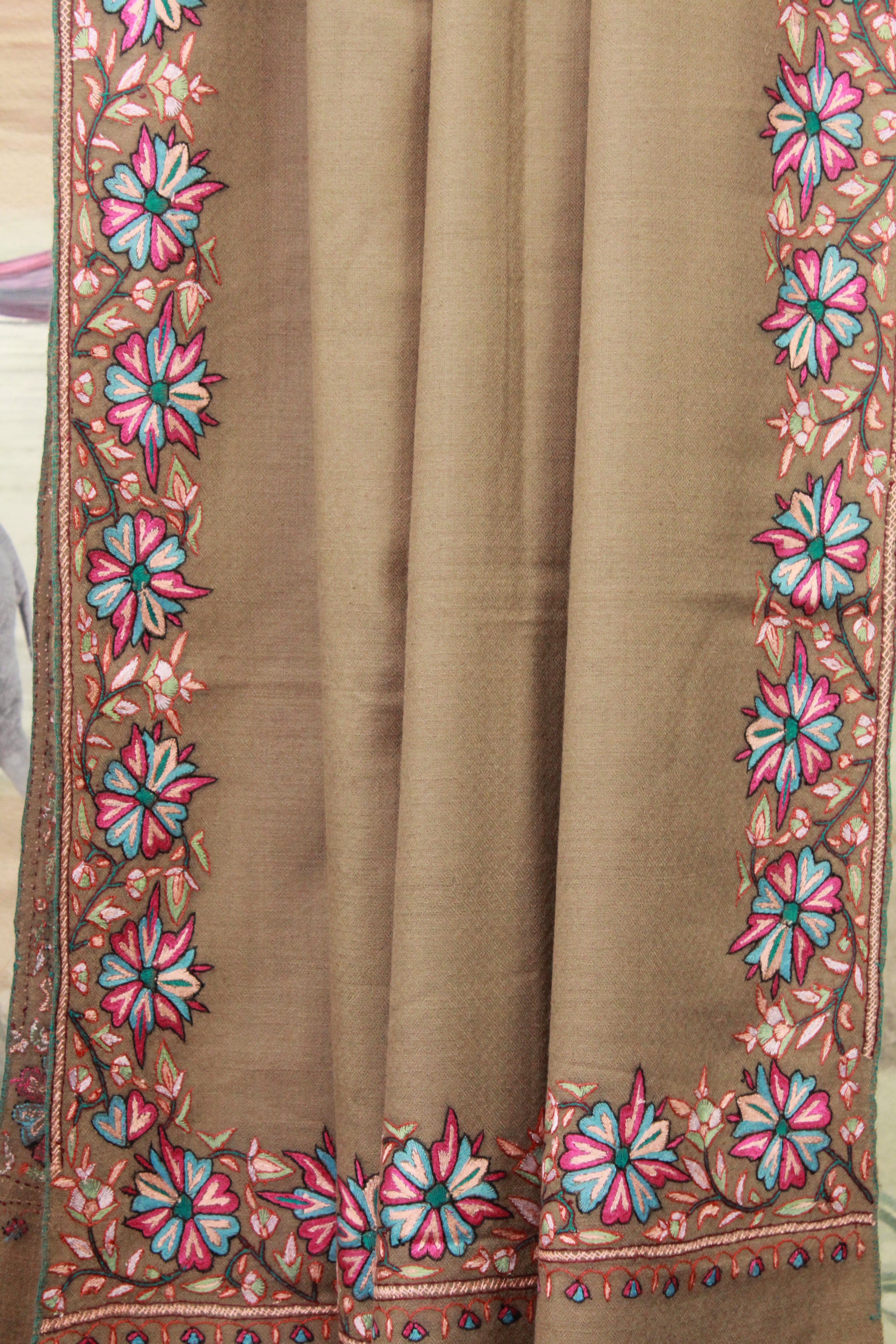 Brown Kashmiri Shawl with Multicolor Floral Embroidered Border