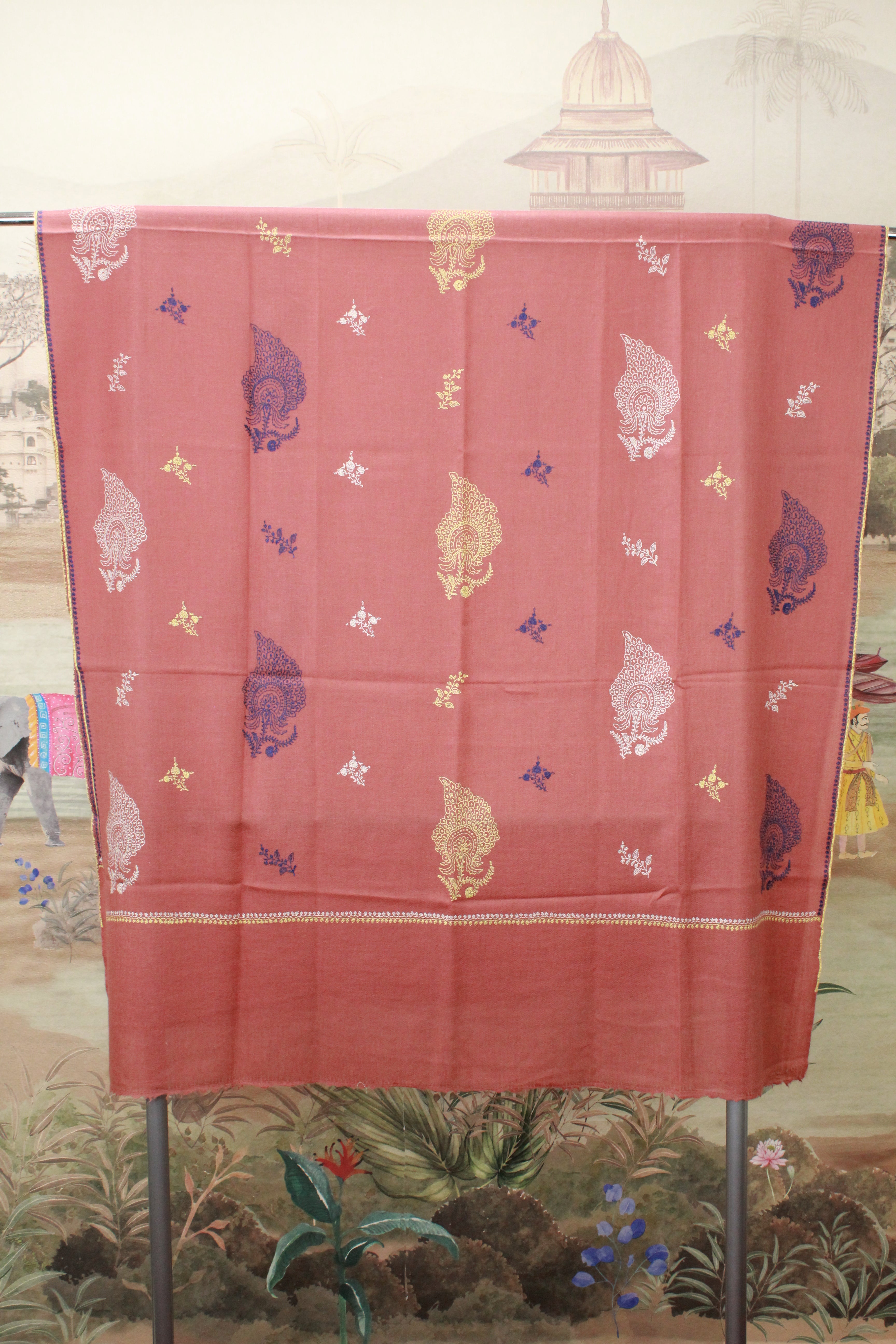 Dusty Rose Pink Kashmiri Shawl with Multicolor Paisley Embroidery