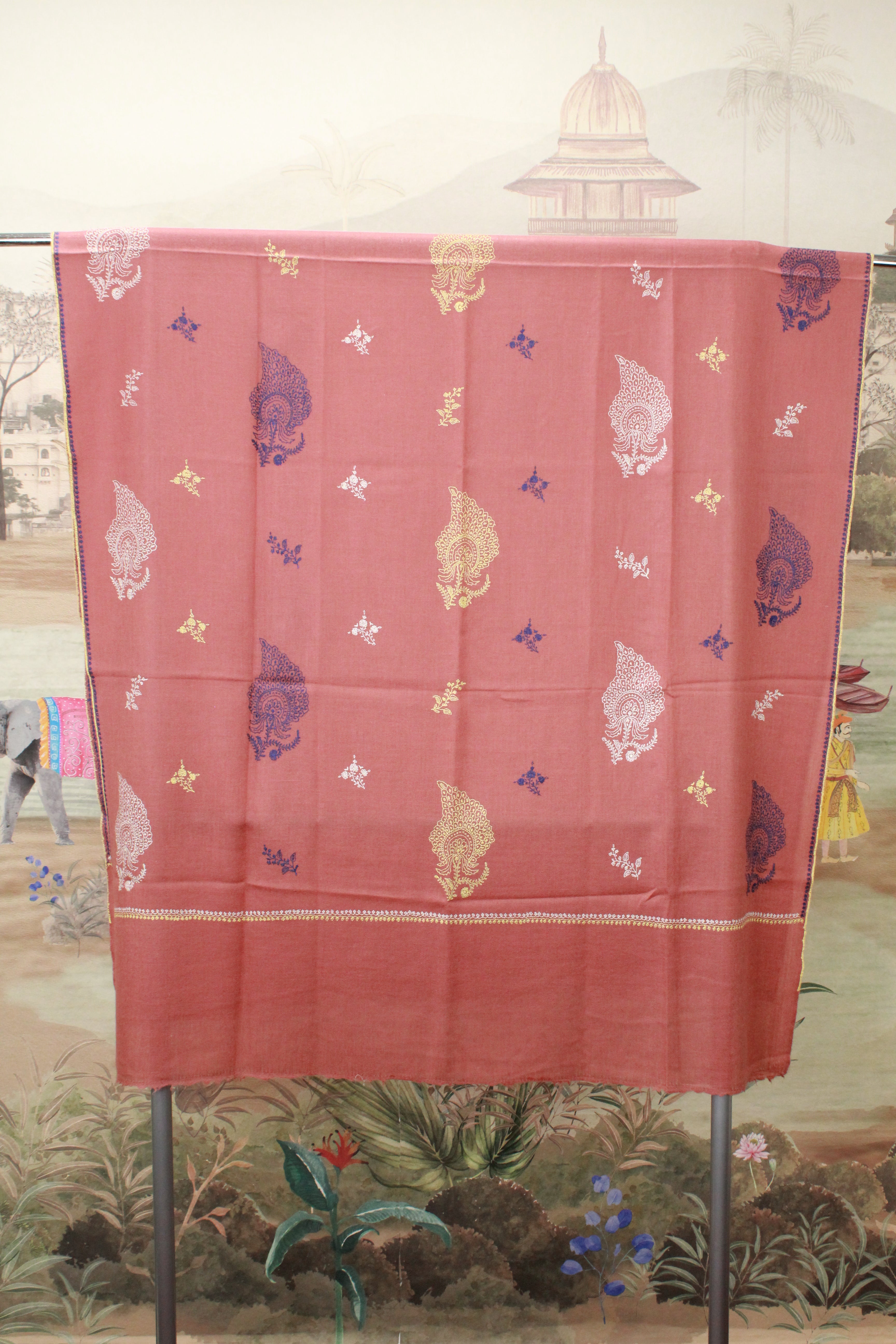 Dusty Rose Pink Kashmiri Shawl with Multicolor Paisley Embroidery