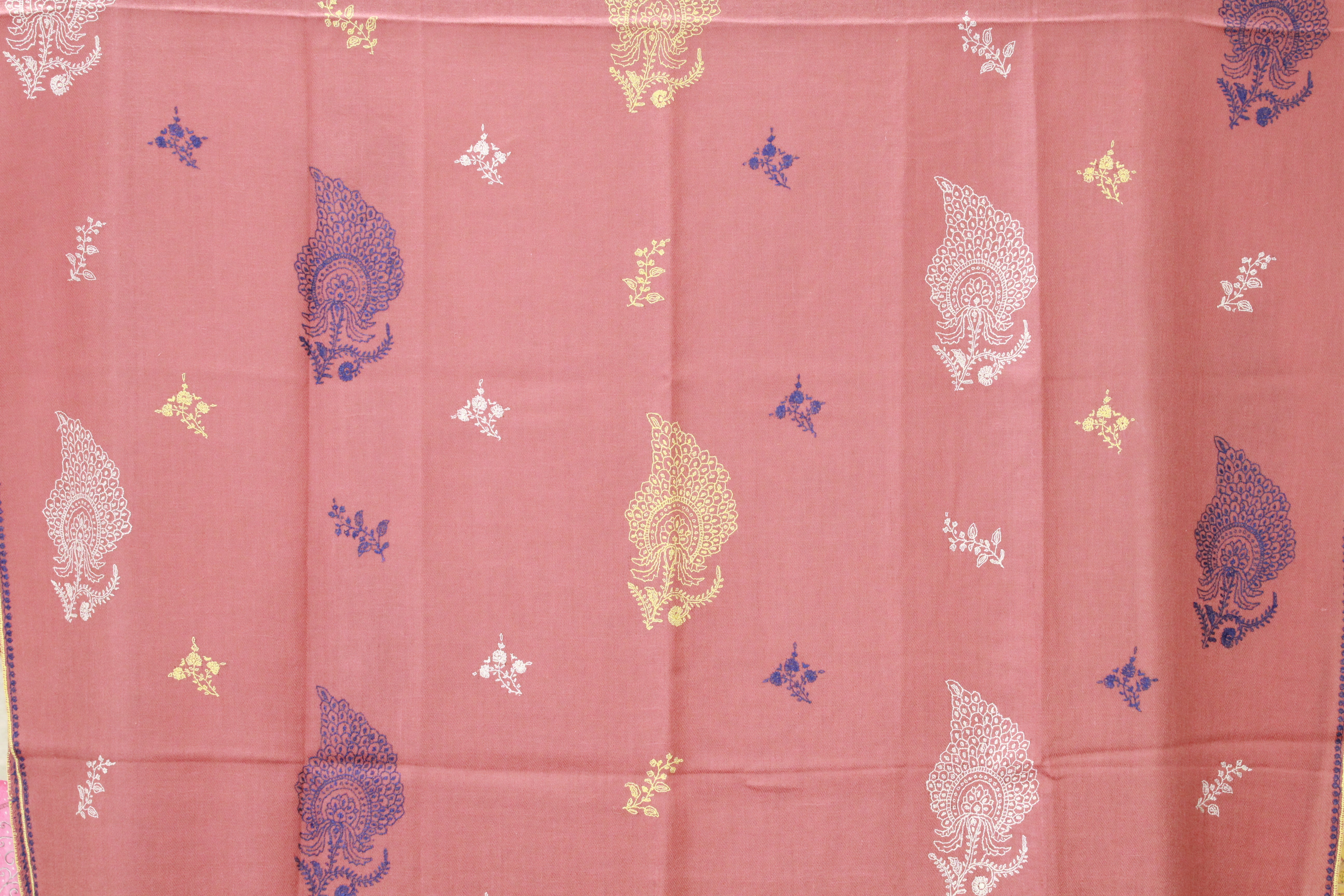 Dusty Rose Pink Kashmiri Shawl with Multicolor Paisley Embroidery