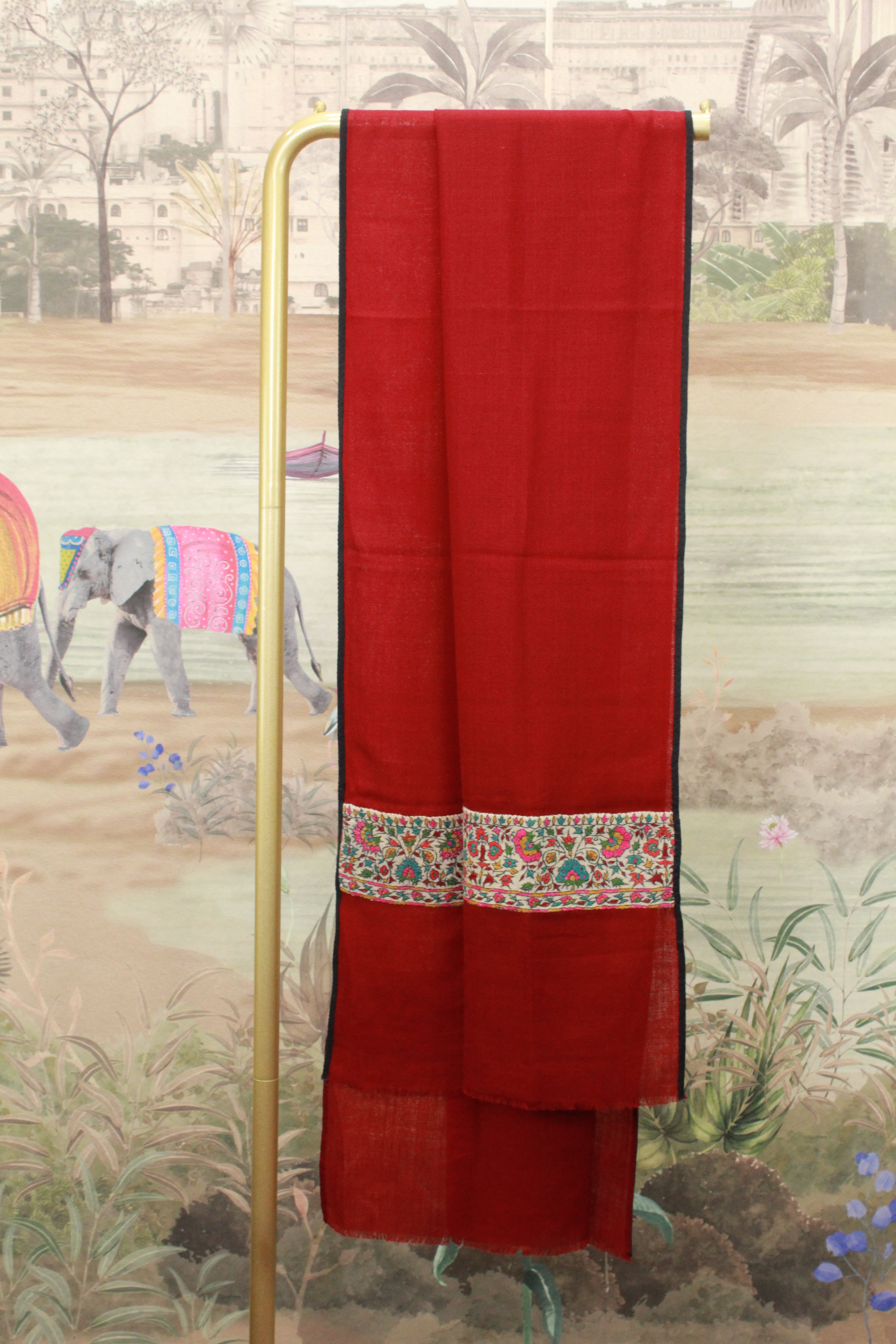Red Kashmiri Shawl with Multicolor Floral Embroidered Border