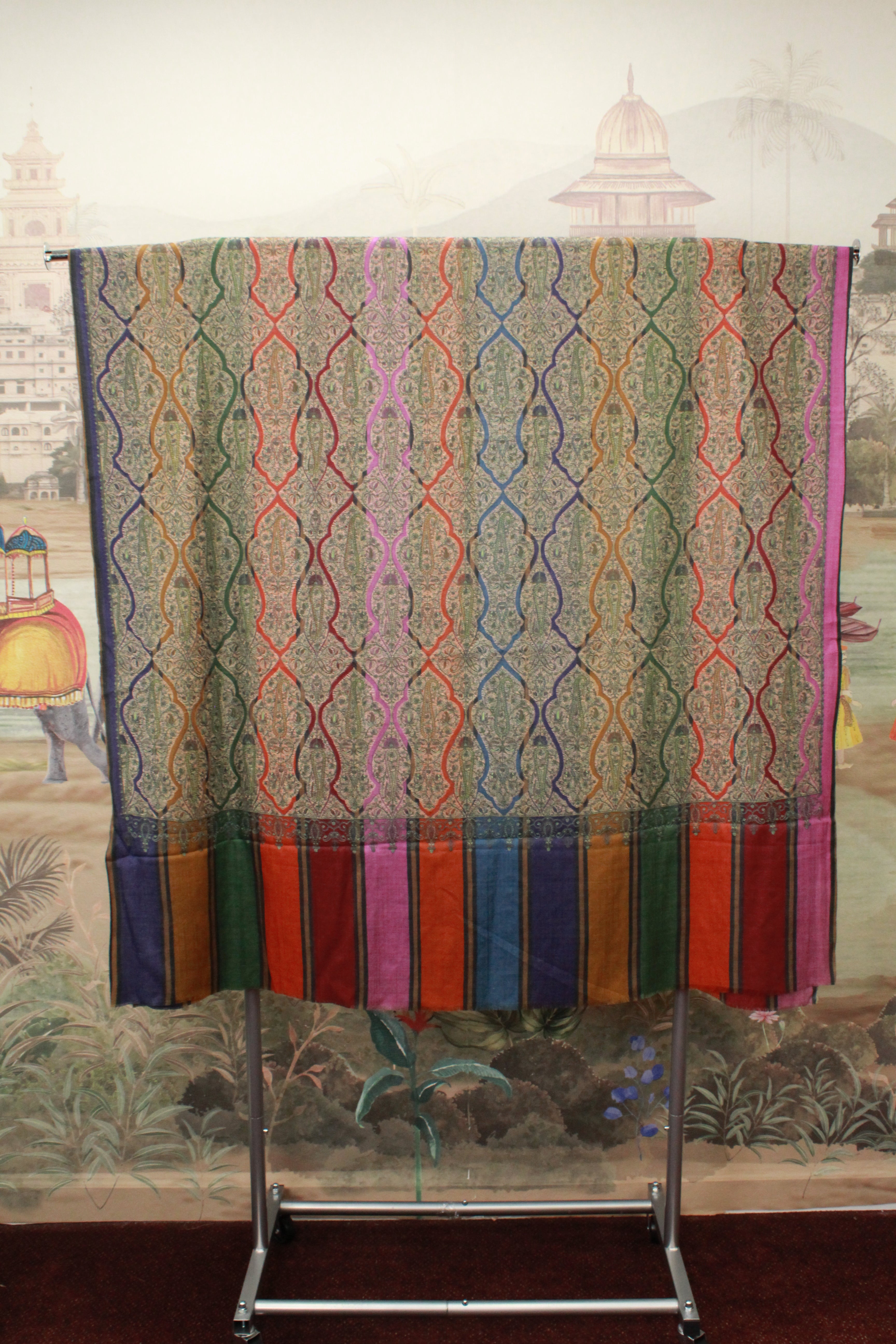 Multicolor Kashmiri Shawl with Traditional Paisley Pattern And Striped Border