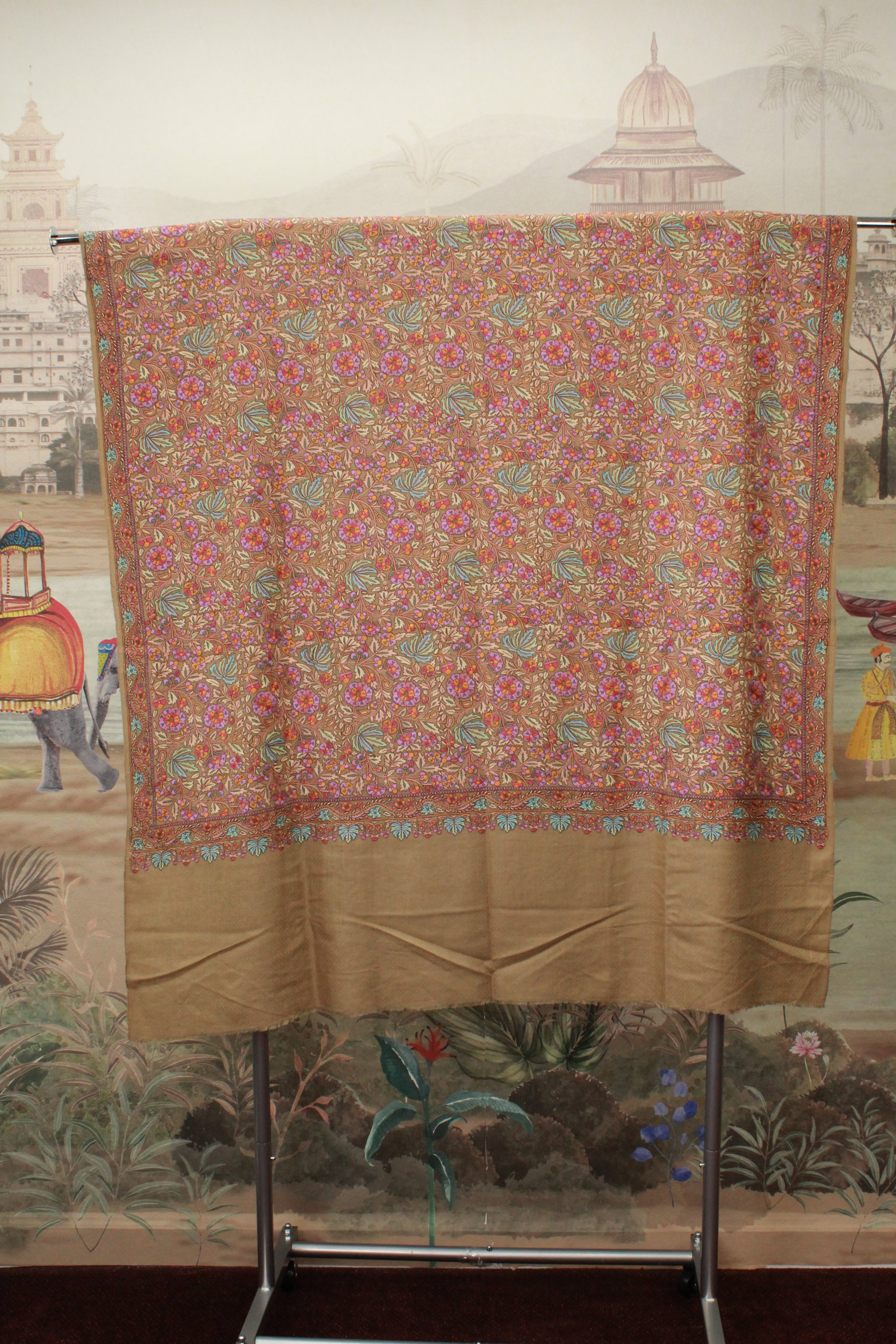 Beige Kashmiri Shawl with Intricate Floral Jaal Embroidery And Decorative Border