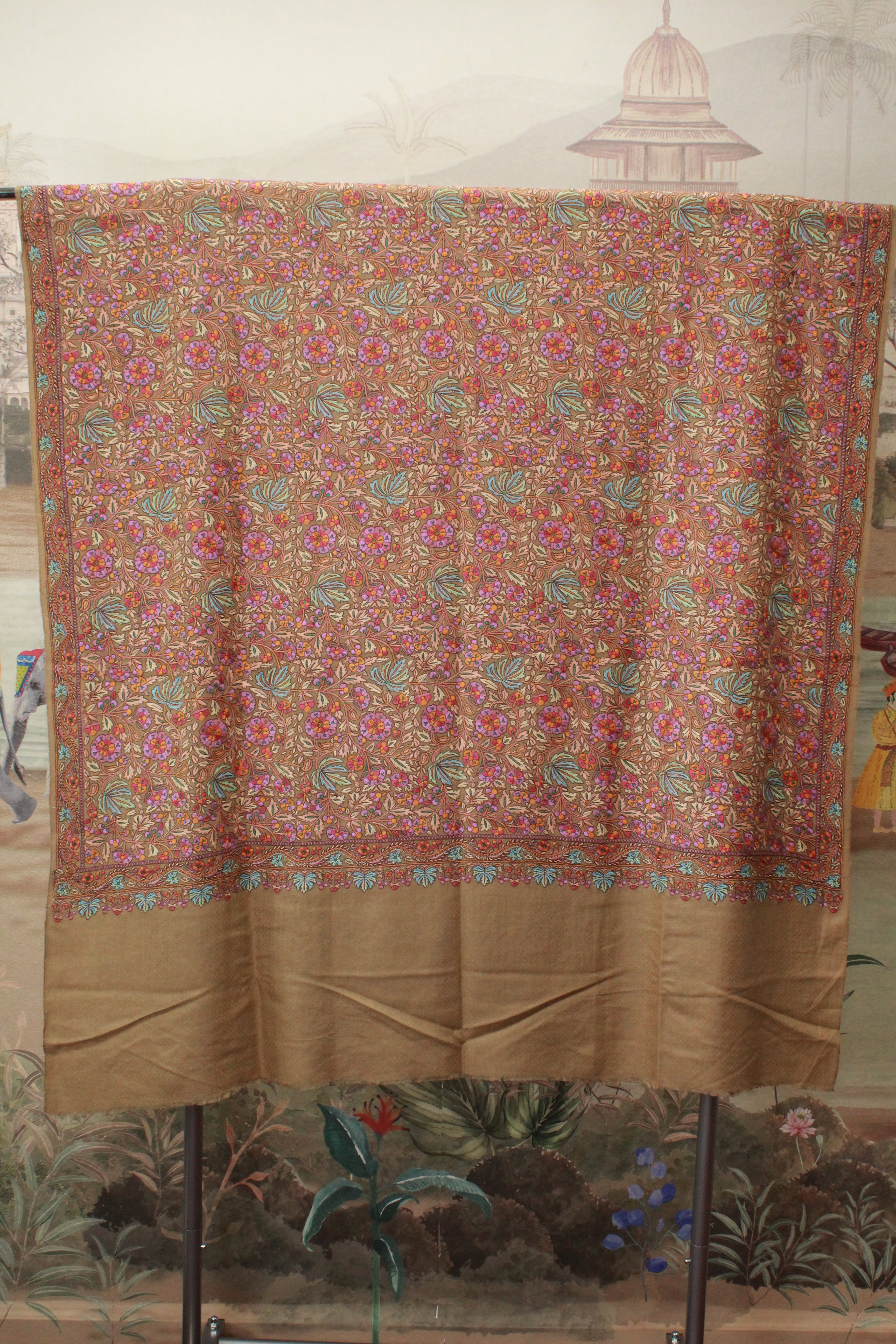 Beige Kashmiri Shawl with Intricate Floral Jaal Embroidery And Decorative Border