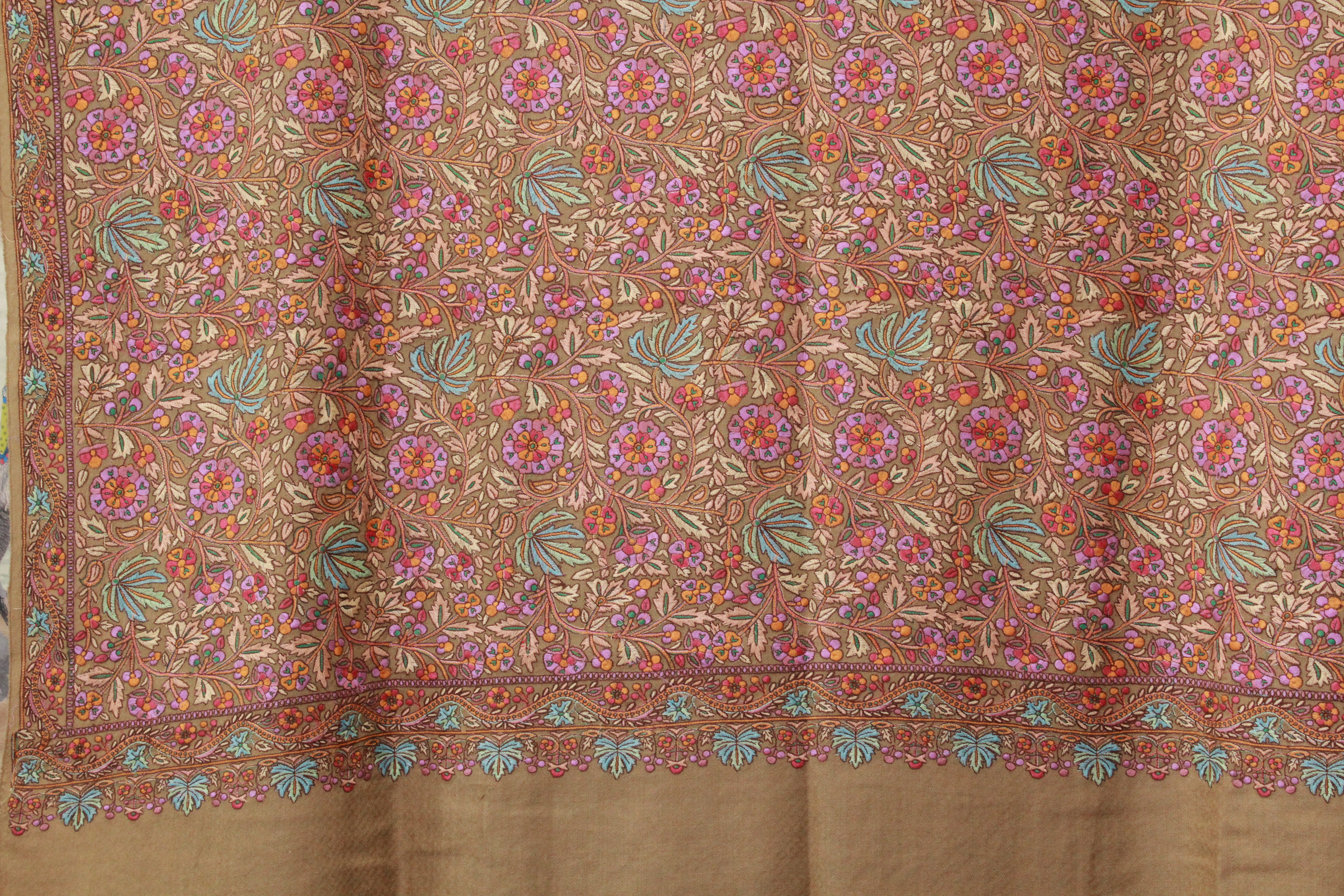 Beige Kashmiri Shawl with Intricate Floral Jaal Embroidery And Decorative Border