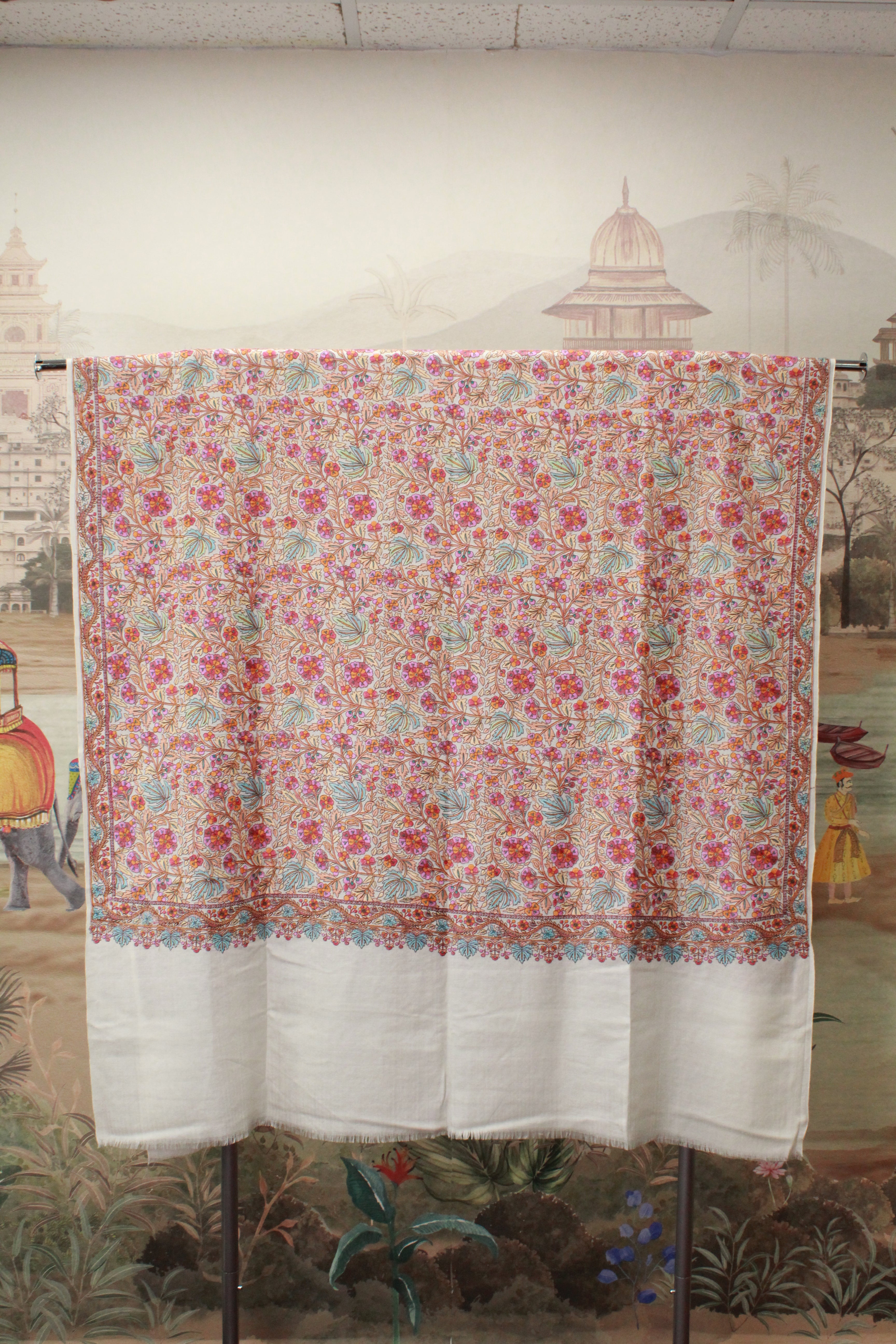 Ivory Kashmiri Shawl with Multicolour Floral Jaal Embroidery And Ornate Border