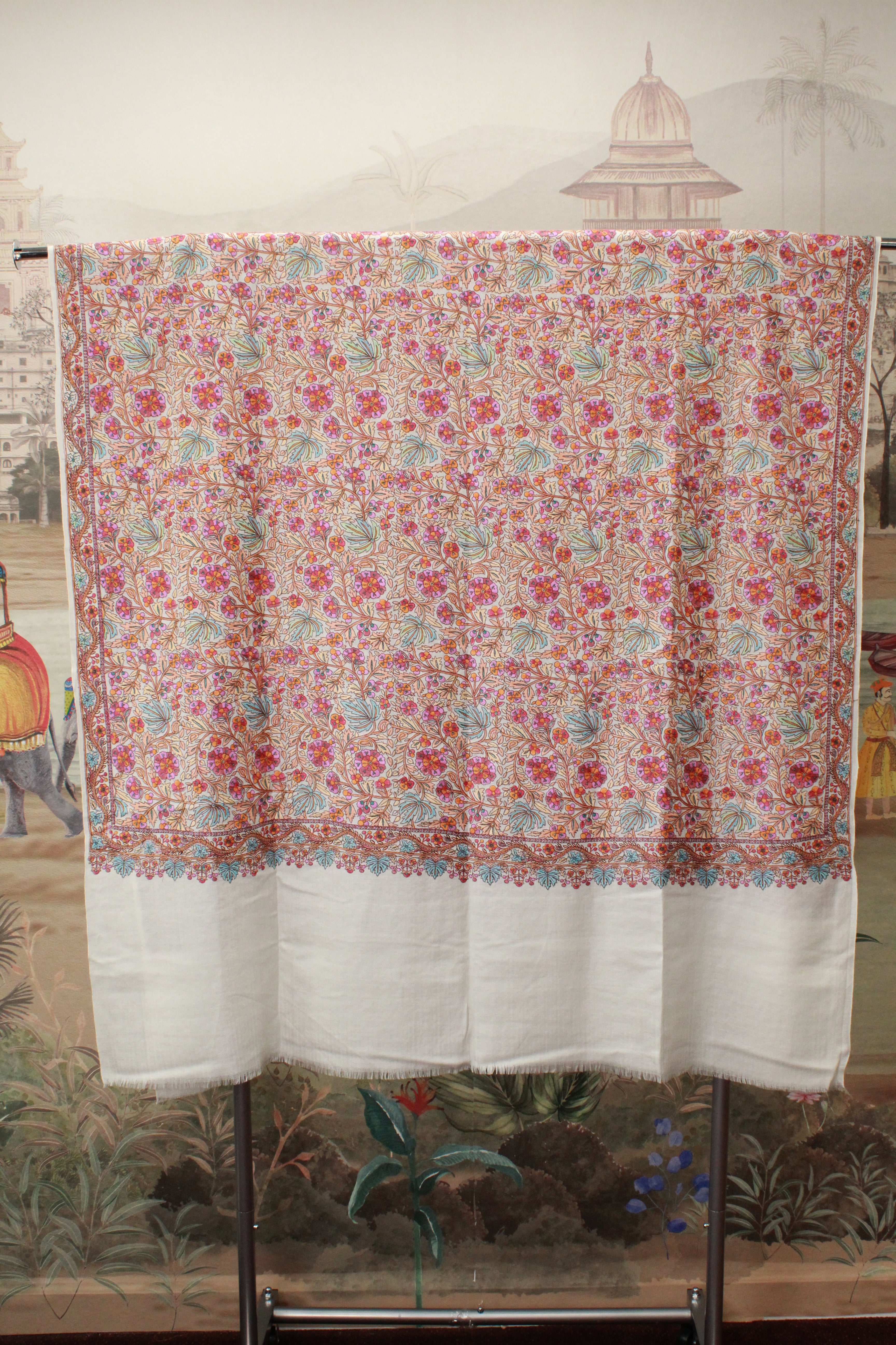 Ivory Kashmiri Shawl with Multicolour Floral Jaal Embroidery And Ornate Border