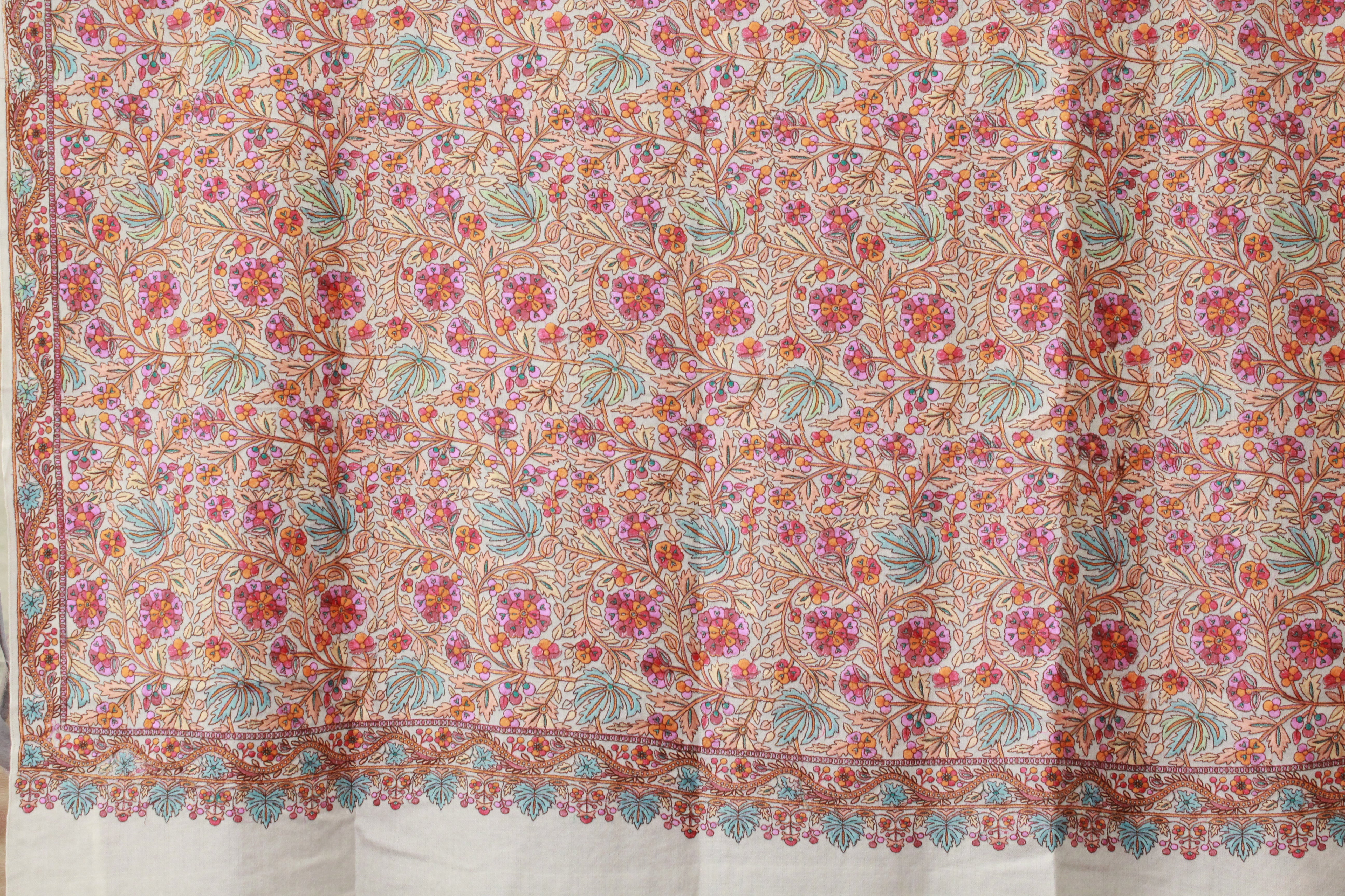 Ivory Kashmiri Shawl with Multicolour Floral Jaal Embroidery And Ornate Border