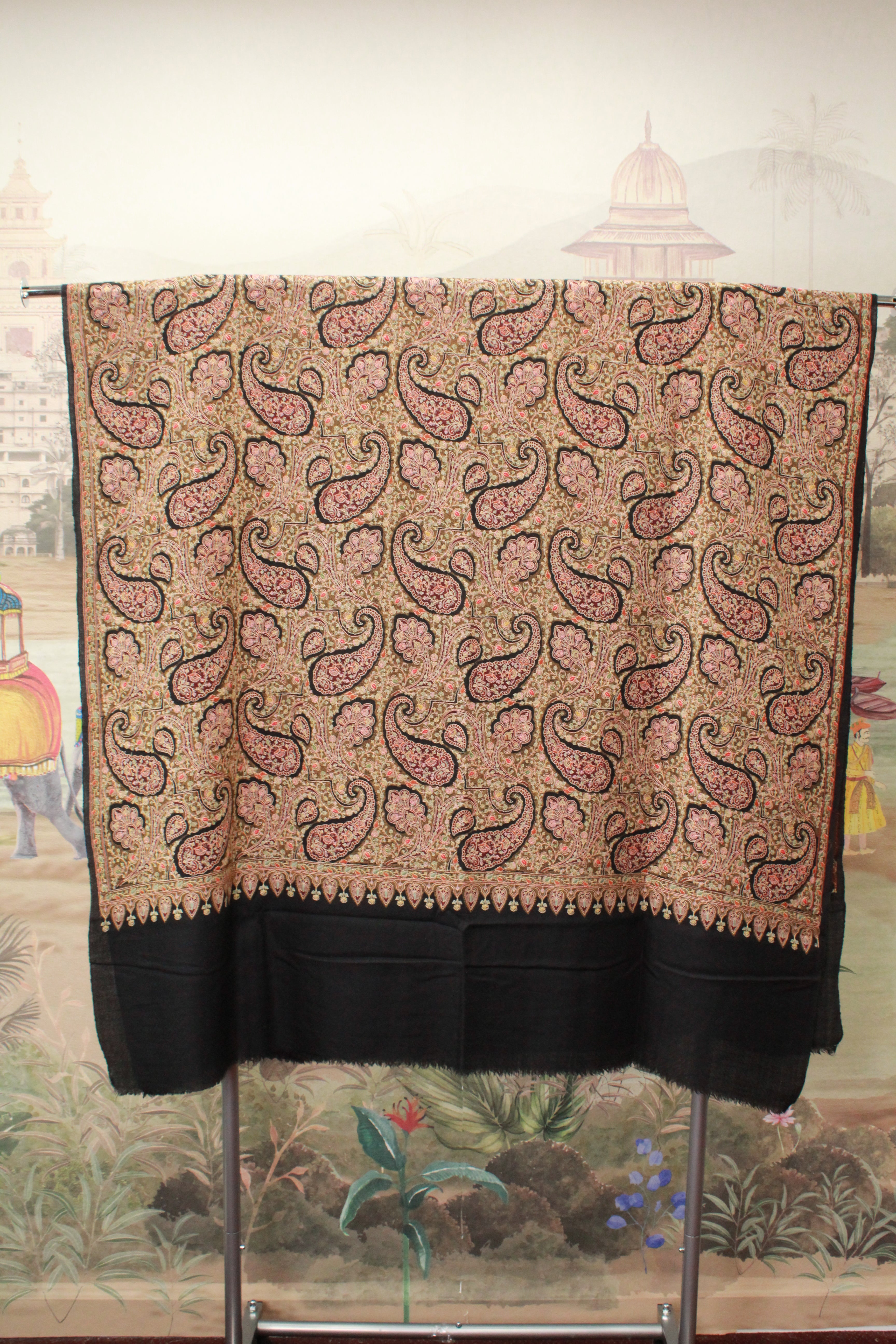 Black Kashmiri Shawl with All-Over Paisley And Floral Embroidery and Ornate Border
