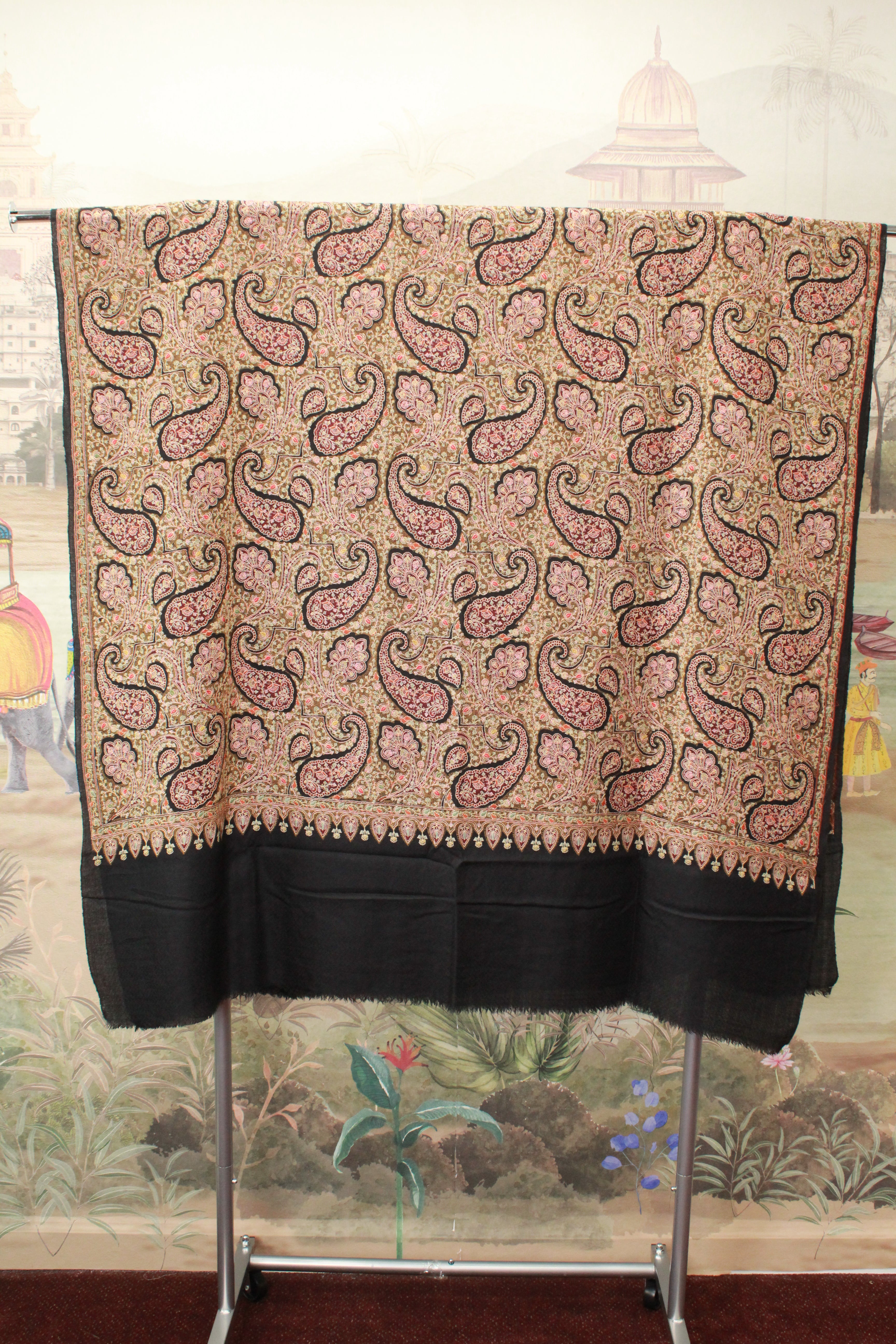 Black Kashmiri Shawl with All-Over Paisley And Floral Embroidery and Ornate Border