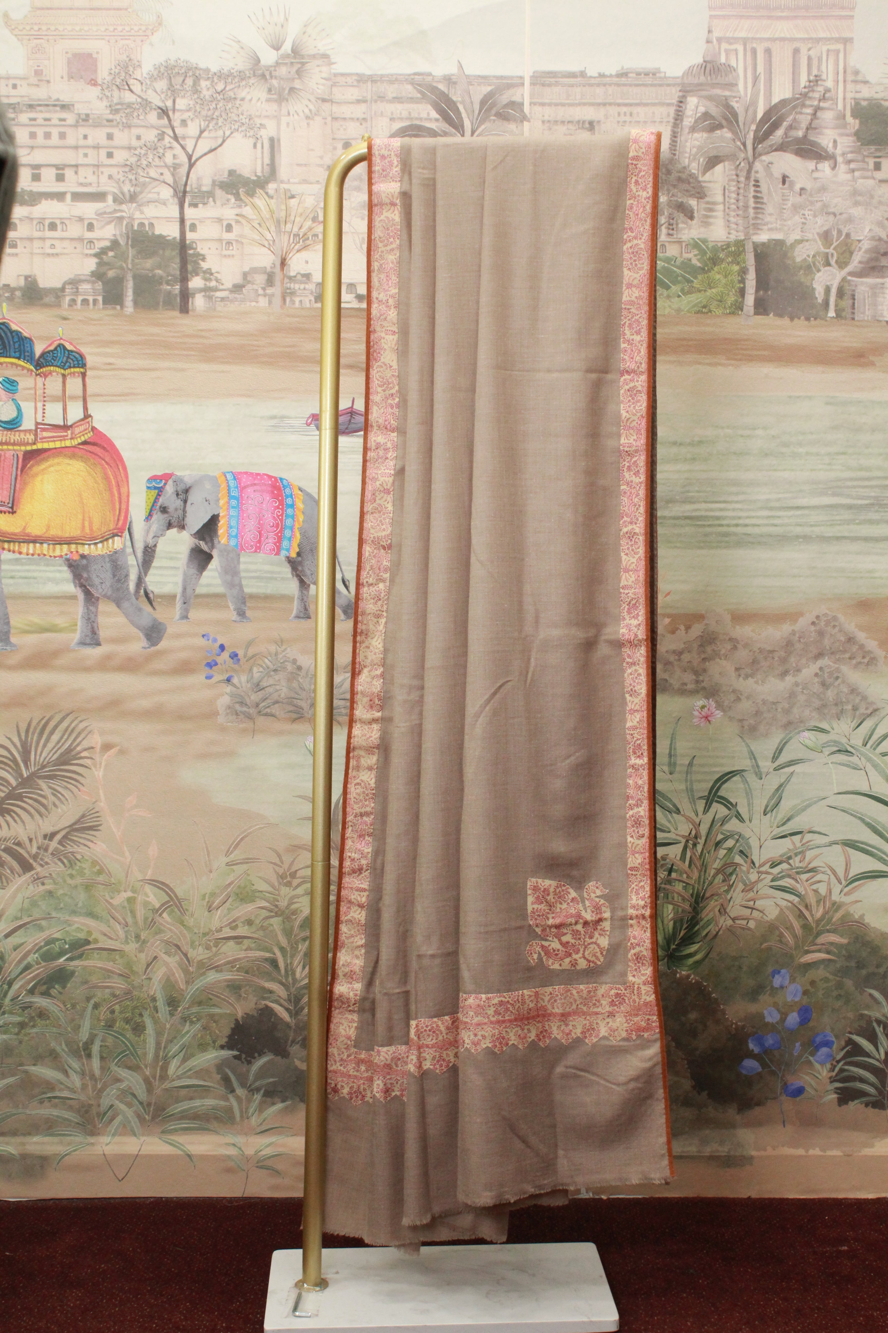 Taupe Kashmiri Shawl with Floral Printed Border And Swan Motif Detailing