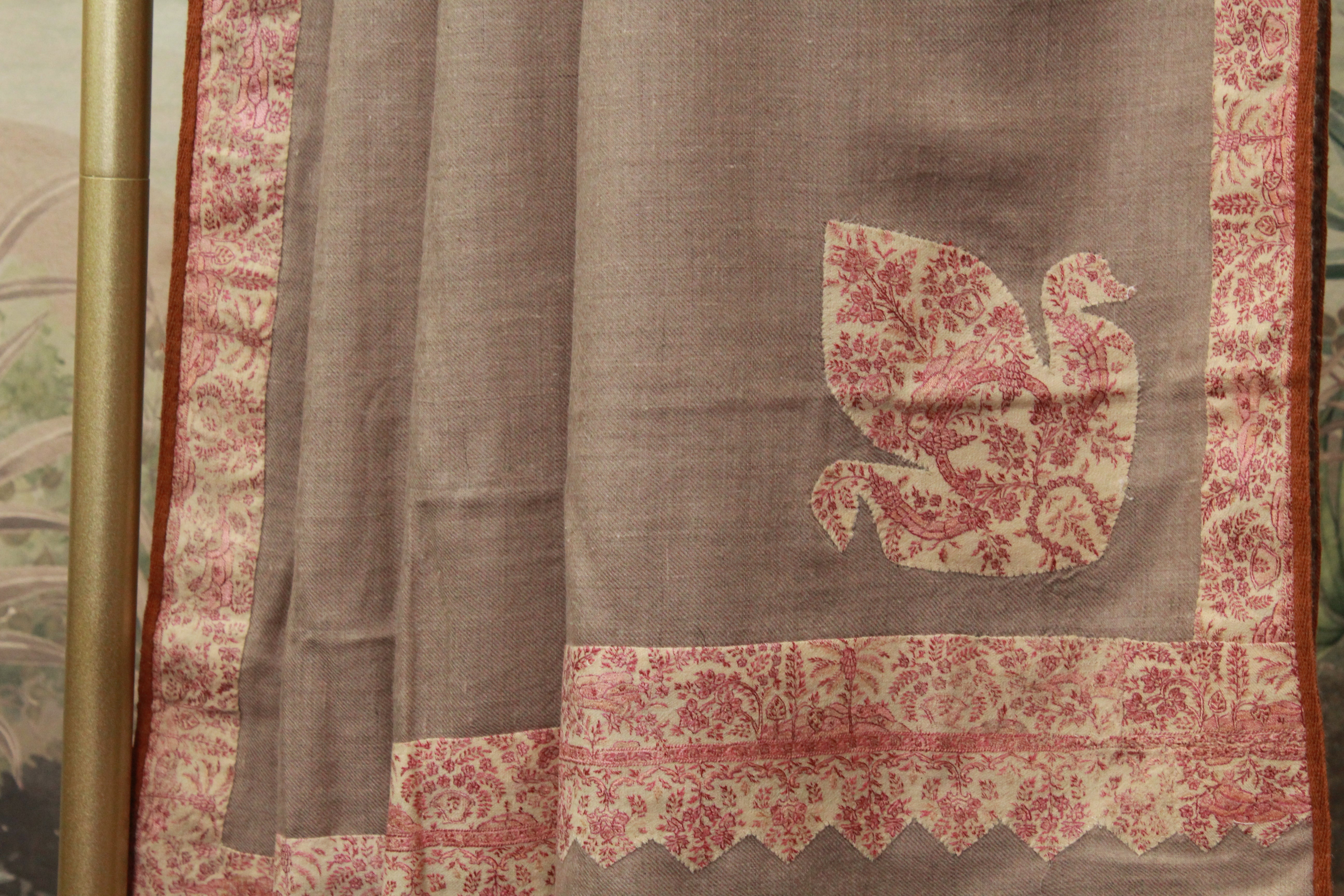 Taupe Kashmiri Shawl with Floral Printed Border And Swan Motif Detailing