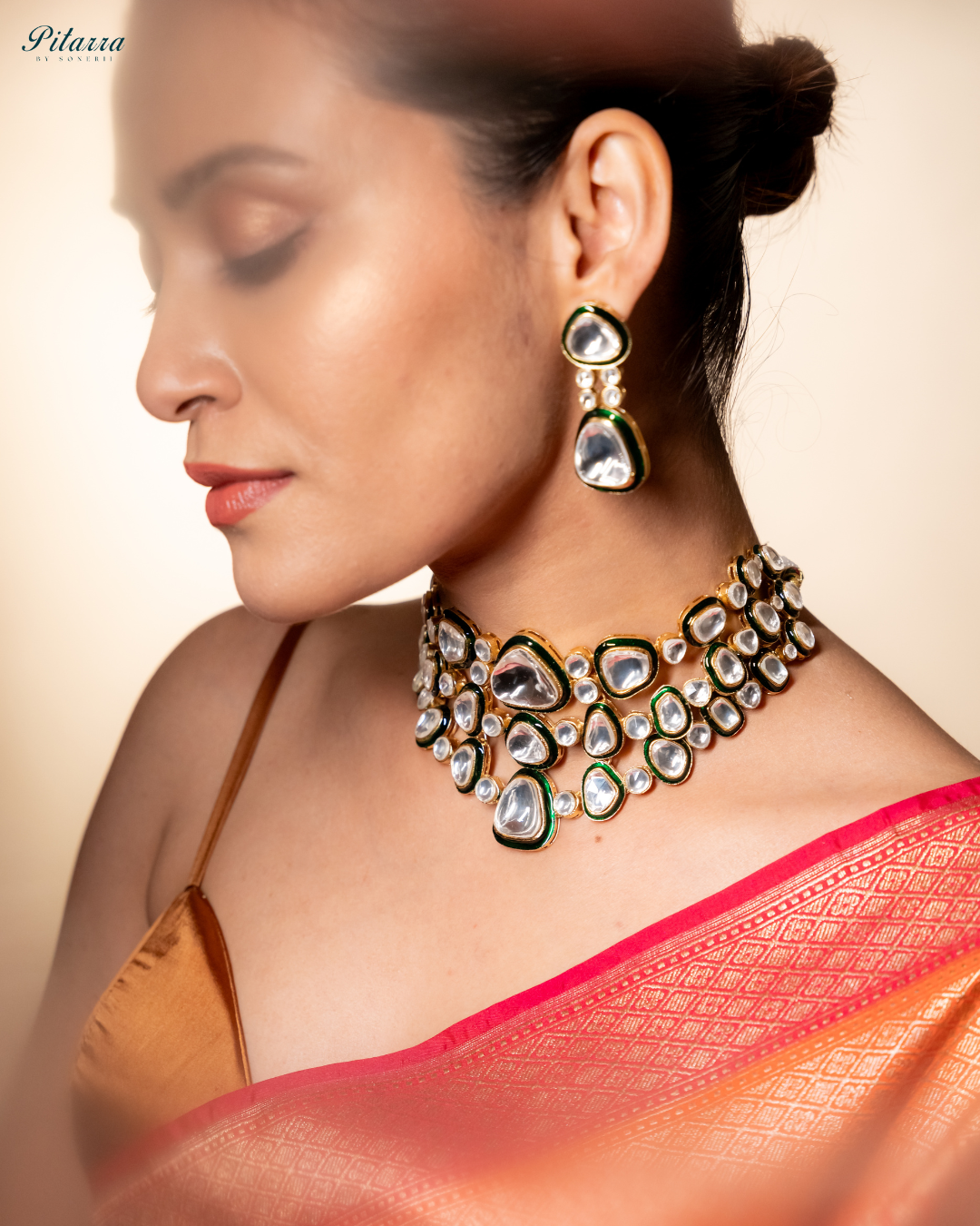 Kundan with Green Enamel Choker Set with Modern Touch_Side